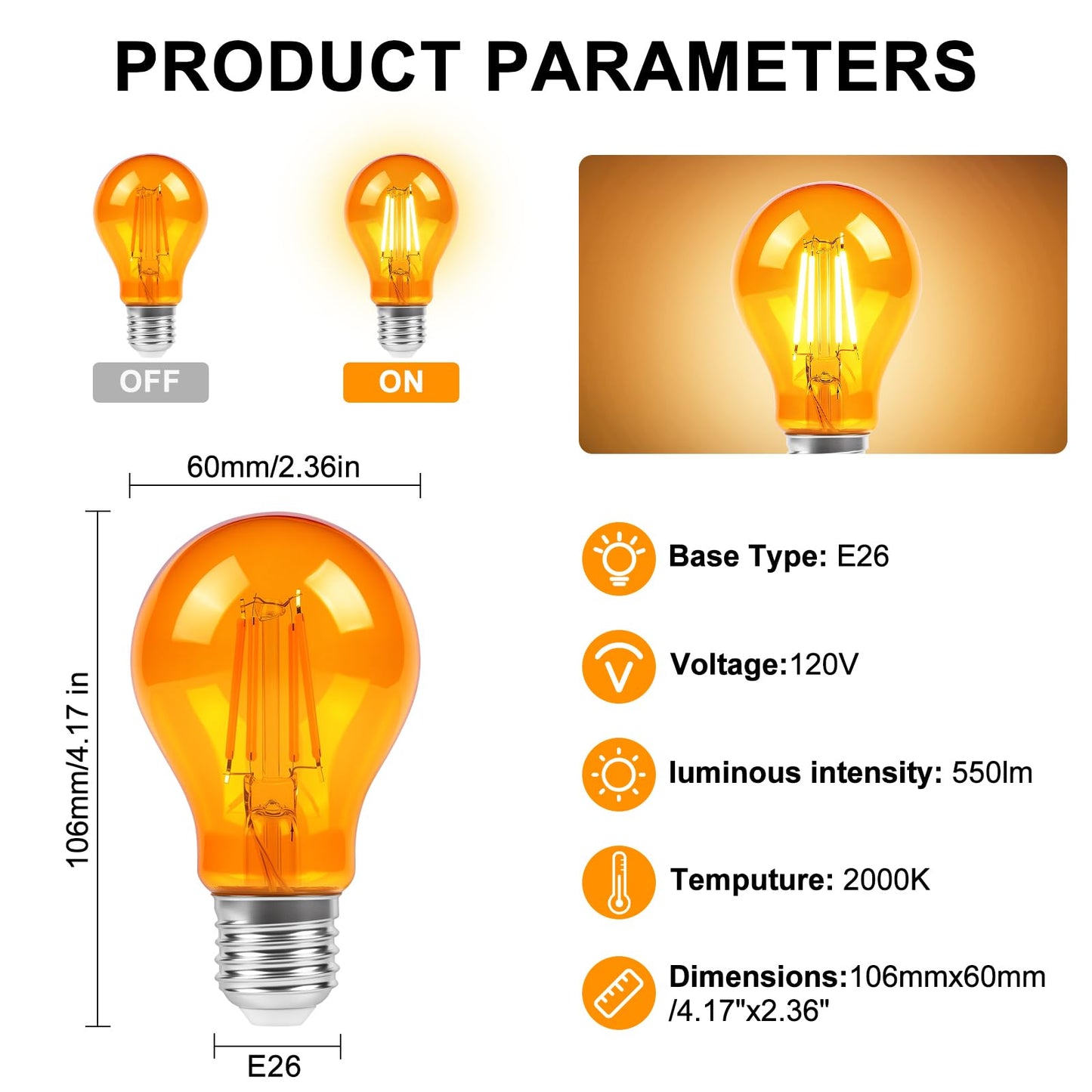 KINUR LED Edison Bulbs, 60 watt Light Bulbs Replacement 6W 2000K E26 A19 Amber Soft Warm Light Bulb for Bedroom, Healthy Sleep, Baby Nursery Light