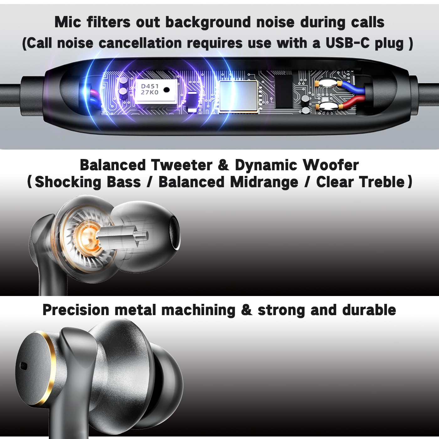 Wired Active Call Noise Cancelling Earbuds (Dynamic & Balanced Armature)-Deep Rich Bass Hi-Fi Stereo In Ear Headphones,Balanced Super Bass Mids Highs