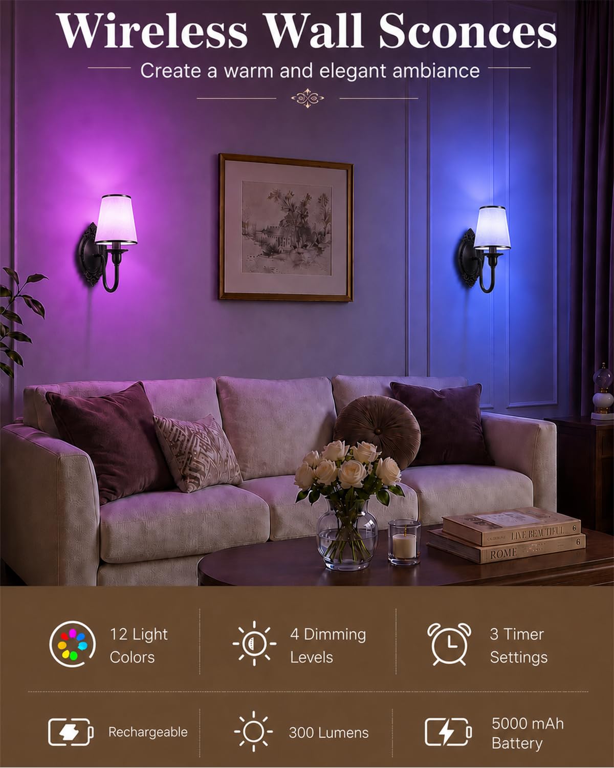Battery Operated Wall Sconce Set of 2, Wall Sconces Set of Two with 3 Color Temperatures, 12 RGB Colors, 10%-100% Dimmable, Wireless Wall Lights