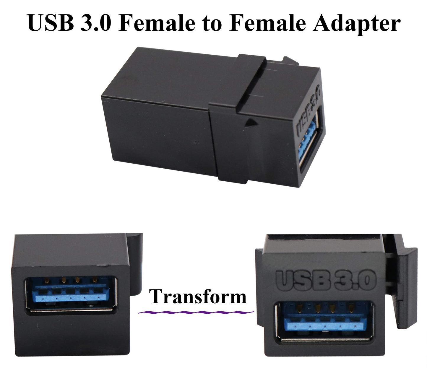 AAOTOKK USB 3.0 A Keystone Adapter Female to Female USB 3.0 A Keystone Jack Insert Socket Coupler Adapter for Wall Plate Outlet Panel (Black/5 Pack)