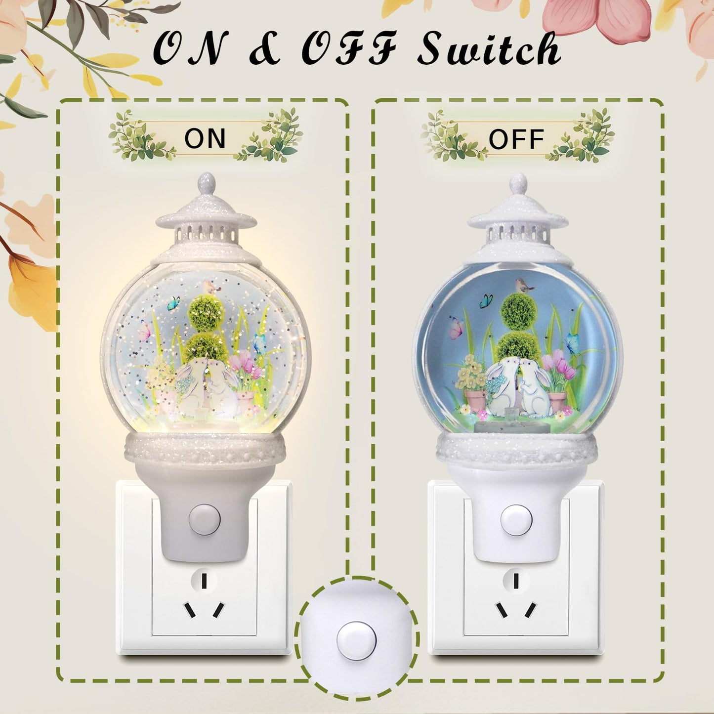 Xanqinluma Spring Night Light Plug into Wall Rabbits and Butterfly Flowers Nightlight with USB/Outlet Options Spring Night Light Snow Globe for Kids