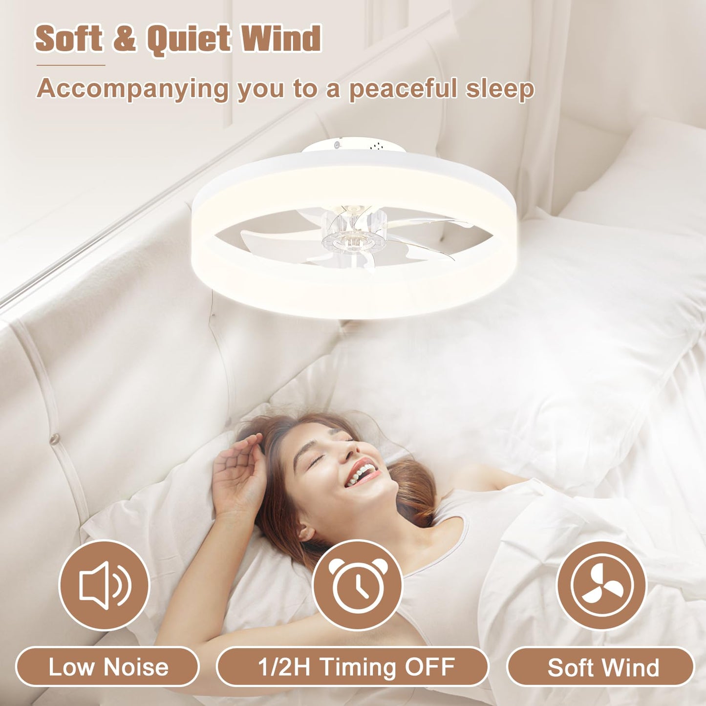 VOLISUN Low Profile Ceiling Fans with Lights and Remote,15.7in Modern Ceiling Fan Flush Mount, 3000K-6500K Dimmable Bladeless LED Fan Light,White