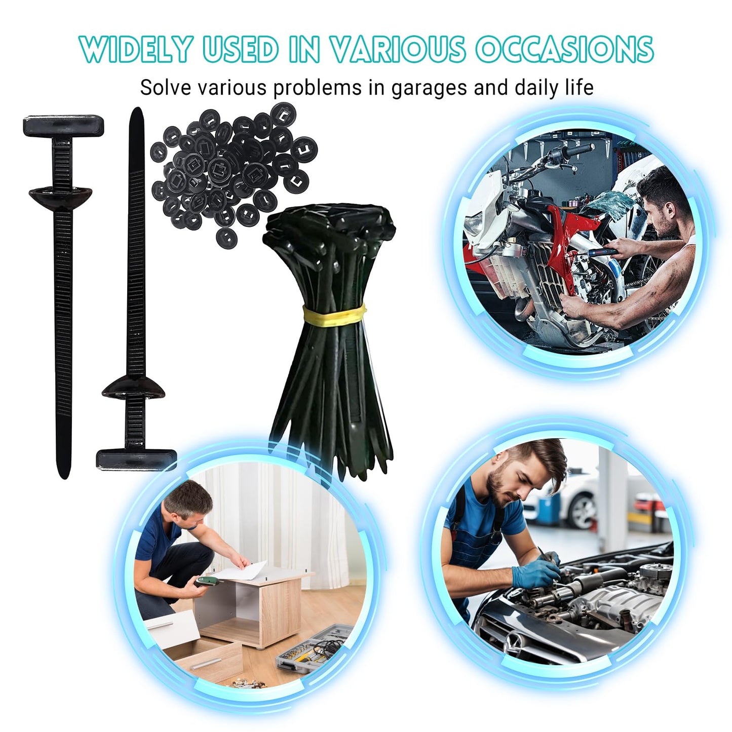 100PCS Nylon Universal Cable Tie Buckle - Heavy Duty Self-Locking Zip Ties Holder with Pin & Button Design, Plastic Cable Ties Tool Fasteners Car