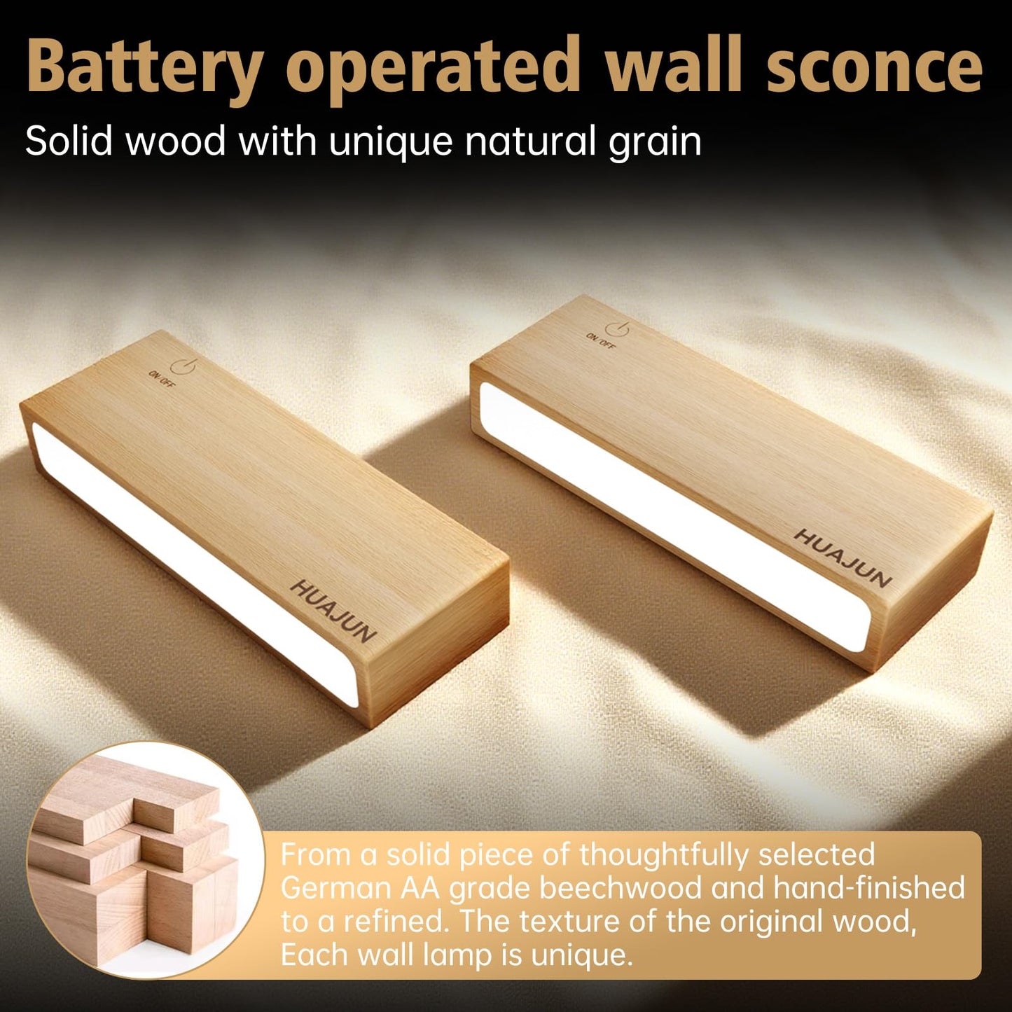 Wood LED Wall Sconce Set of 2, Magnetic 360° Rotate LED Wood Wall Lamps, Rechargeable Adhesive Wall Lights, Wireless Wall Sconces Dimmable with Voice