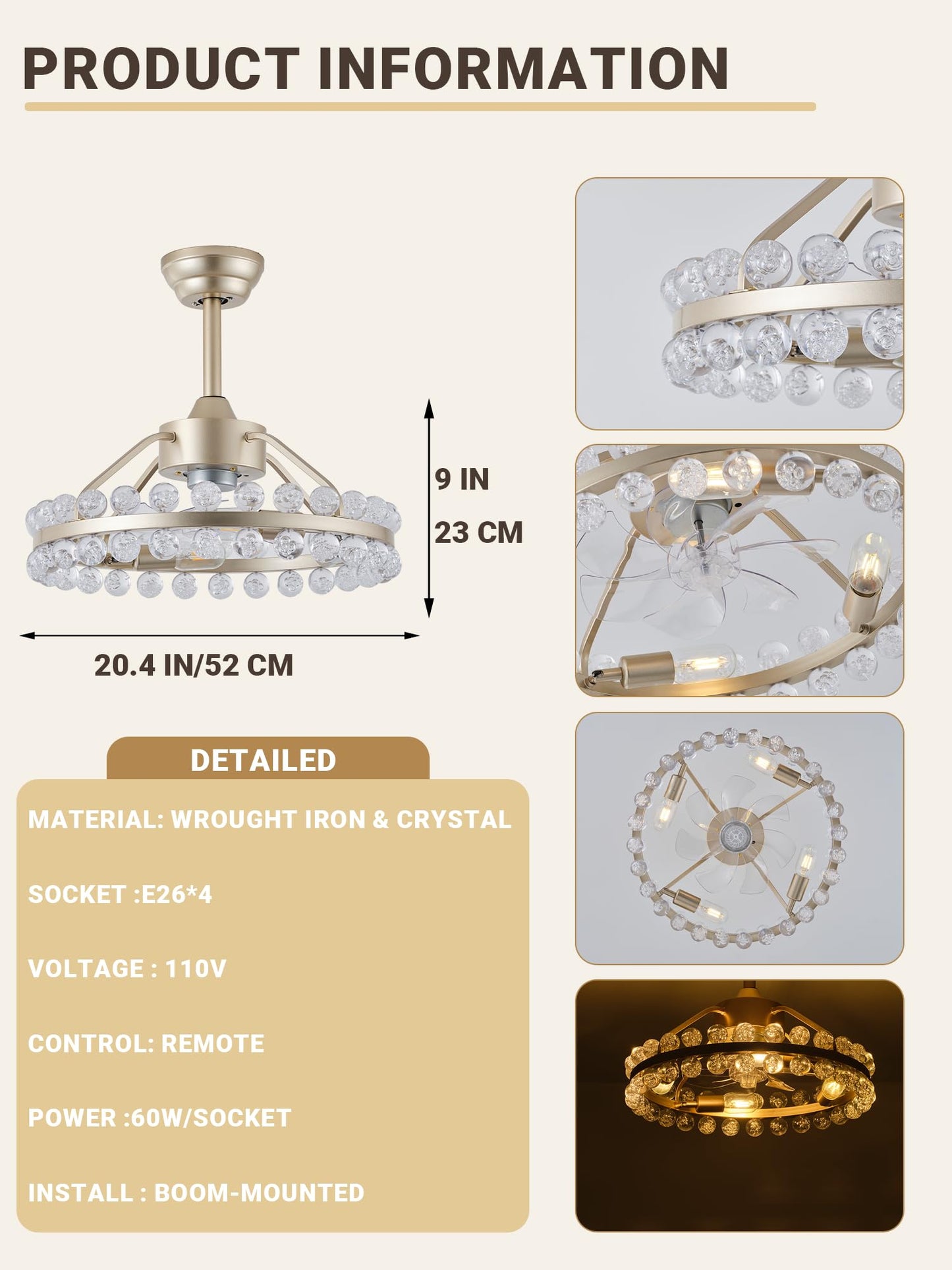Thoxipn 20" Gold Crystal Fandelier Ceiling Fan with Light Caged Mid Century