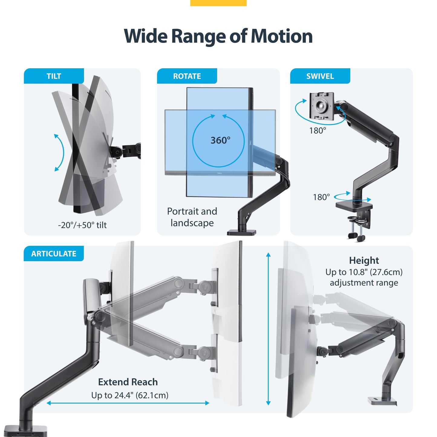 StarTech.com Monitor Desk Mount for up to 49in 32:9 Ultrawide Curved Screen, Mechanical Spring Arm, C-Clamp/Grommet, Max 44lb