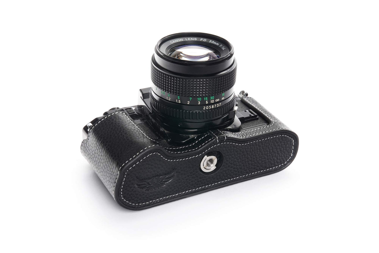 A-1 Case, BolinUS Handmade Genuine Real Leather Half Camera Case Bag Cover for Canon New AE-1 AE-1P A-1 (with Handle) Camera with Hand Strap (Black)