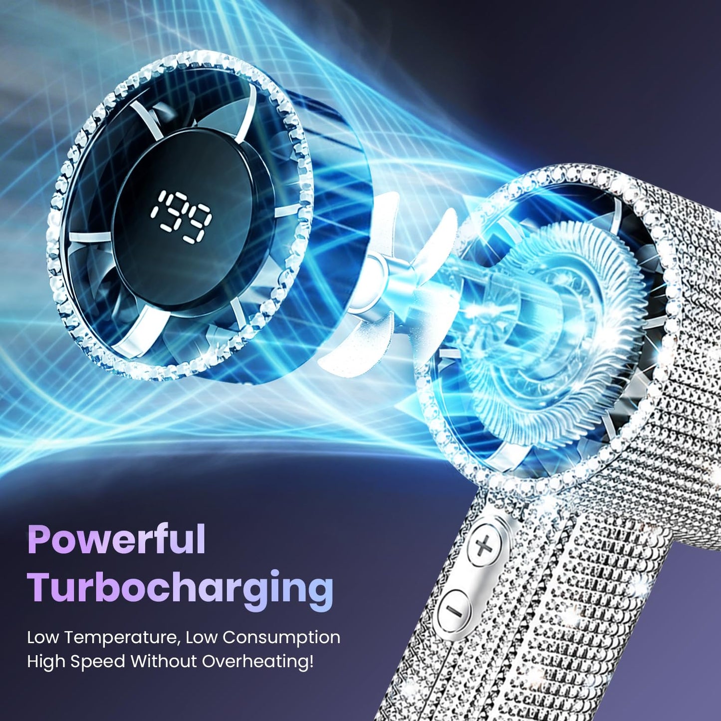 StarJazz Bling Rhinestone Handheld Turbo Fan, Portable Rechargeable Mini Wind Cannon with LED Digital Display, 5 Gears 199 Adjustable Wind Speeds