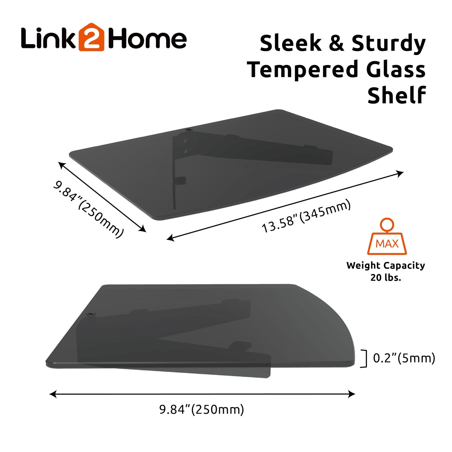 Link2Home Commercial Electric Series Tempered Glass Floating Entertainment Shelf, up to 20 lbs., Ideal for Streaming Devices and All TV Accessories
