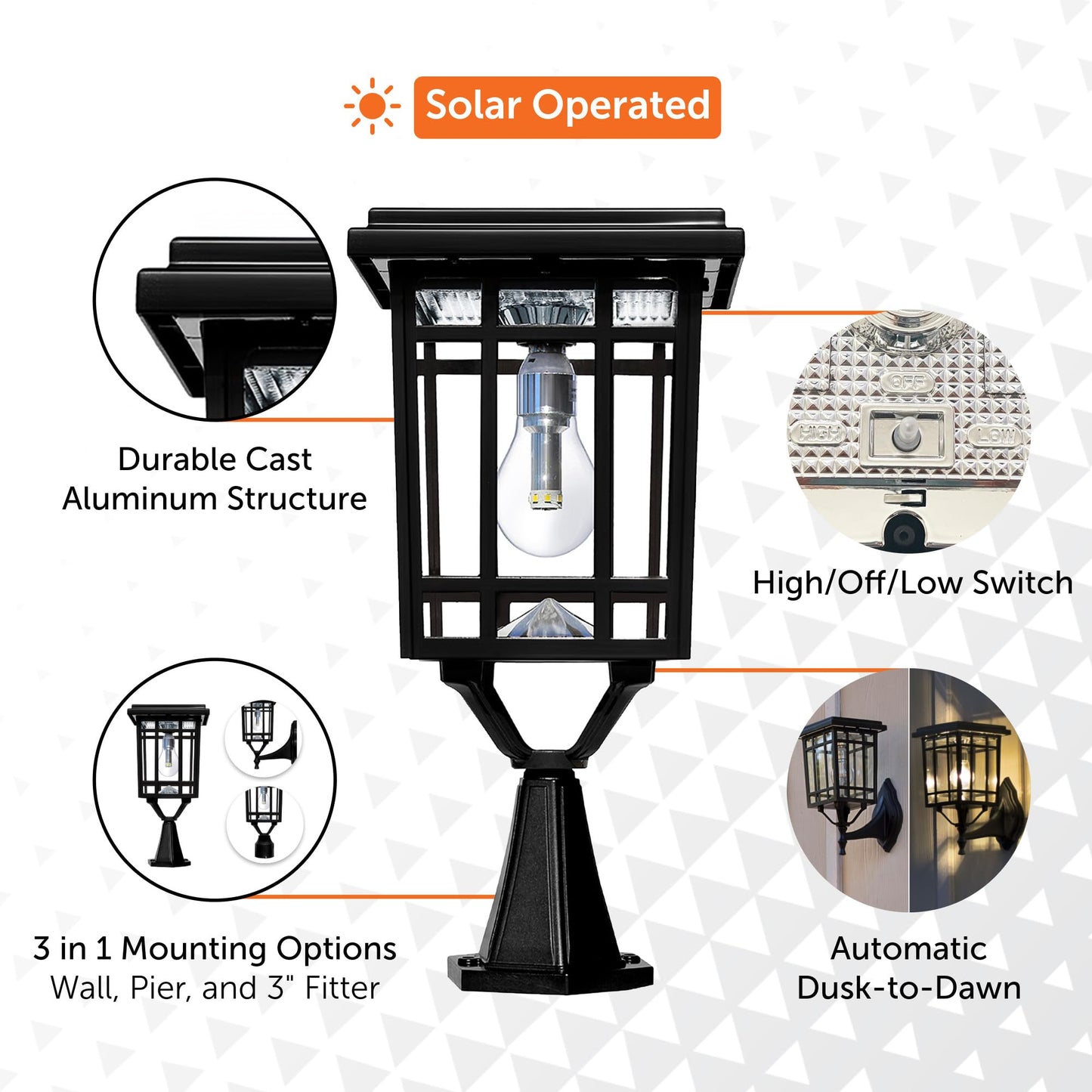 Gama Sonic Prairie Bulb Lamp Outdoor Solar Light Fixture, Pole,Pier, & Wall Mount, Solar Lights Outdoor, Black, 114B033