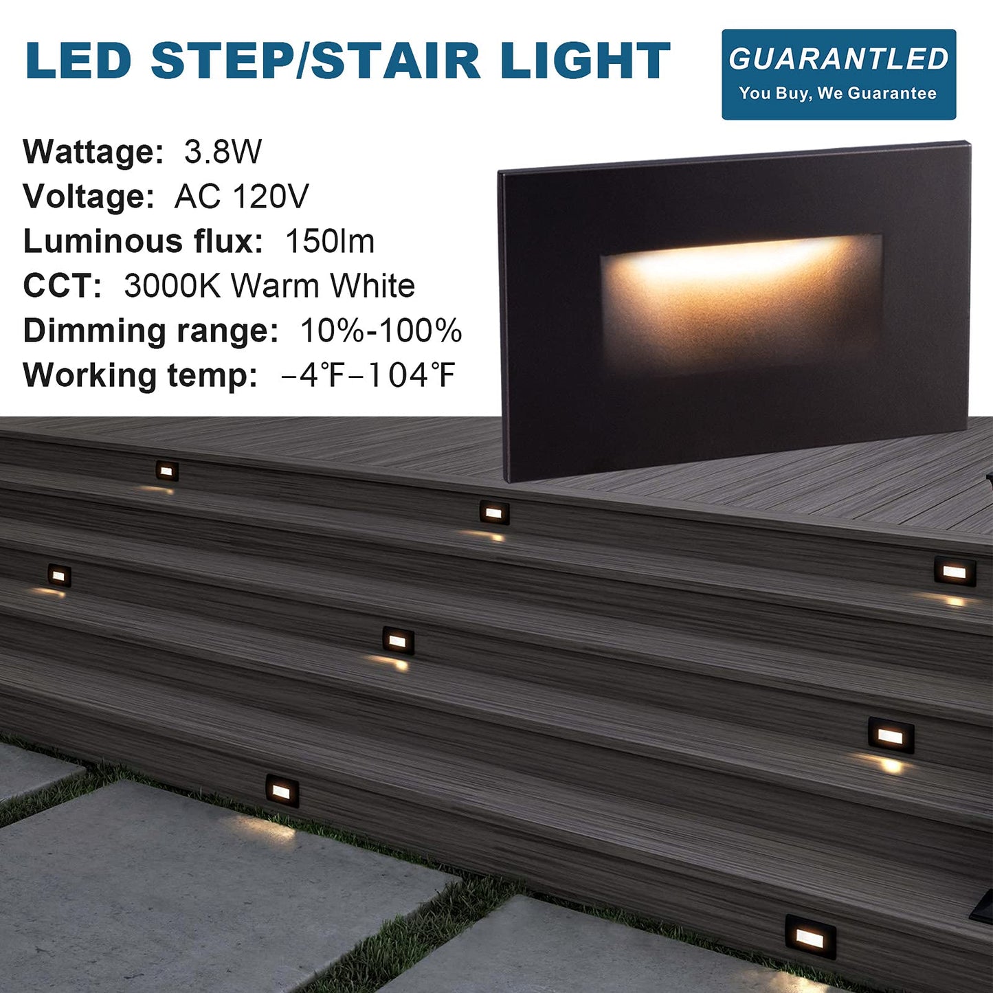GUARANTLED Step Lights Outdoor 6 Pack Classic, 120V 3CCT Selectable Stair Lights Indoor, Waterproof LED Deck Decor Hardwired Dimmable, Brown Finish