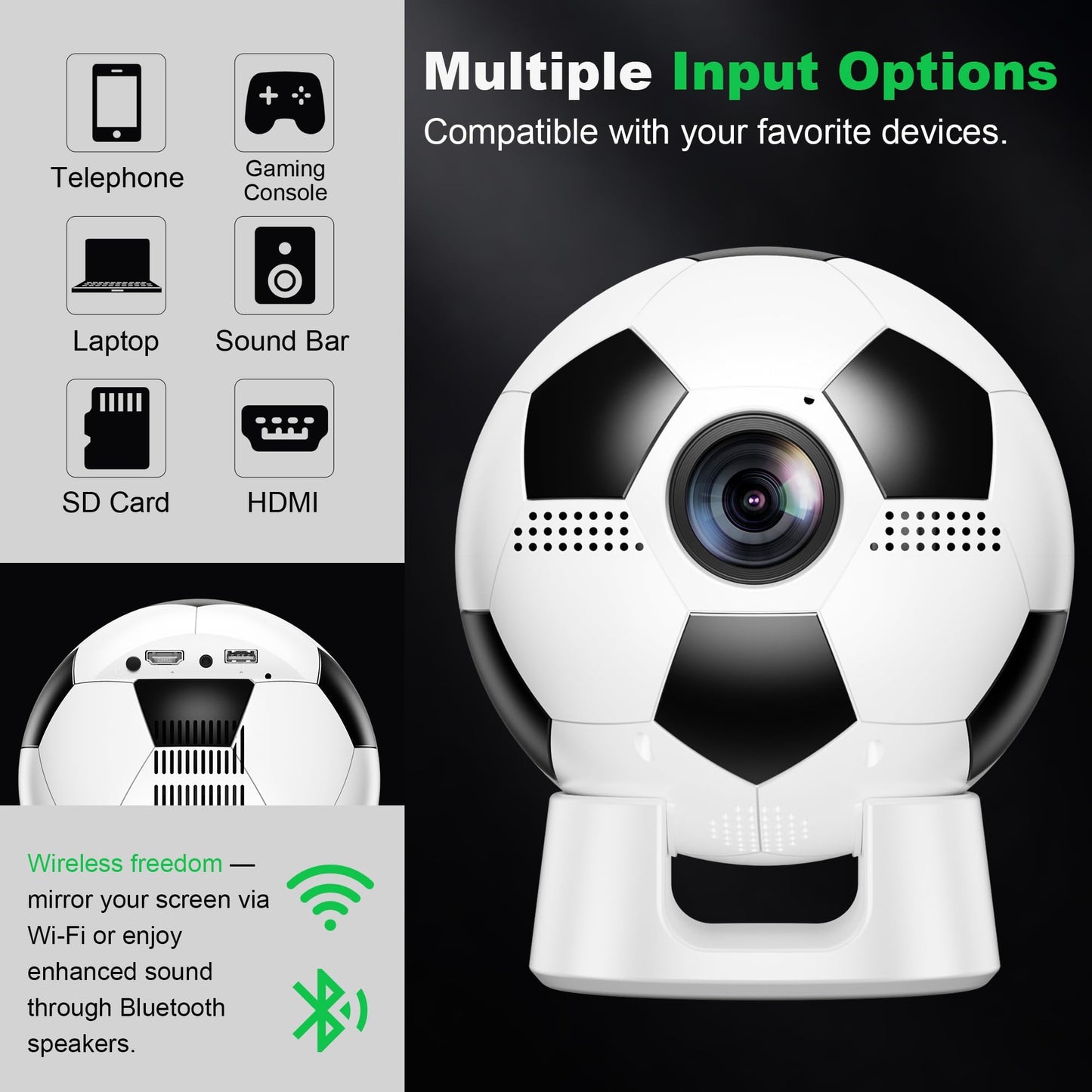 Soccer Fan's Ultimate Native 1080P Projector with Built-in Apps, Bluetooth Projector with Dual Bond Wi-Fi 6, 180° Rotatable Integrated stand, Gift