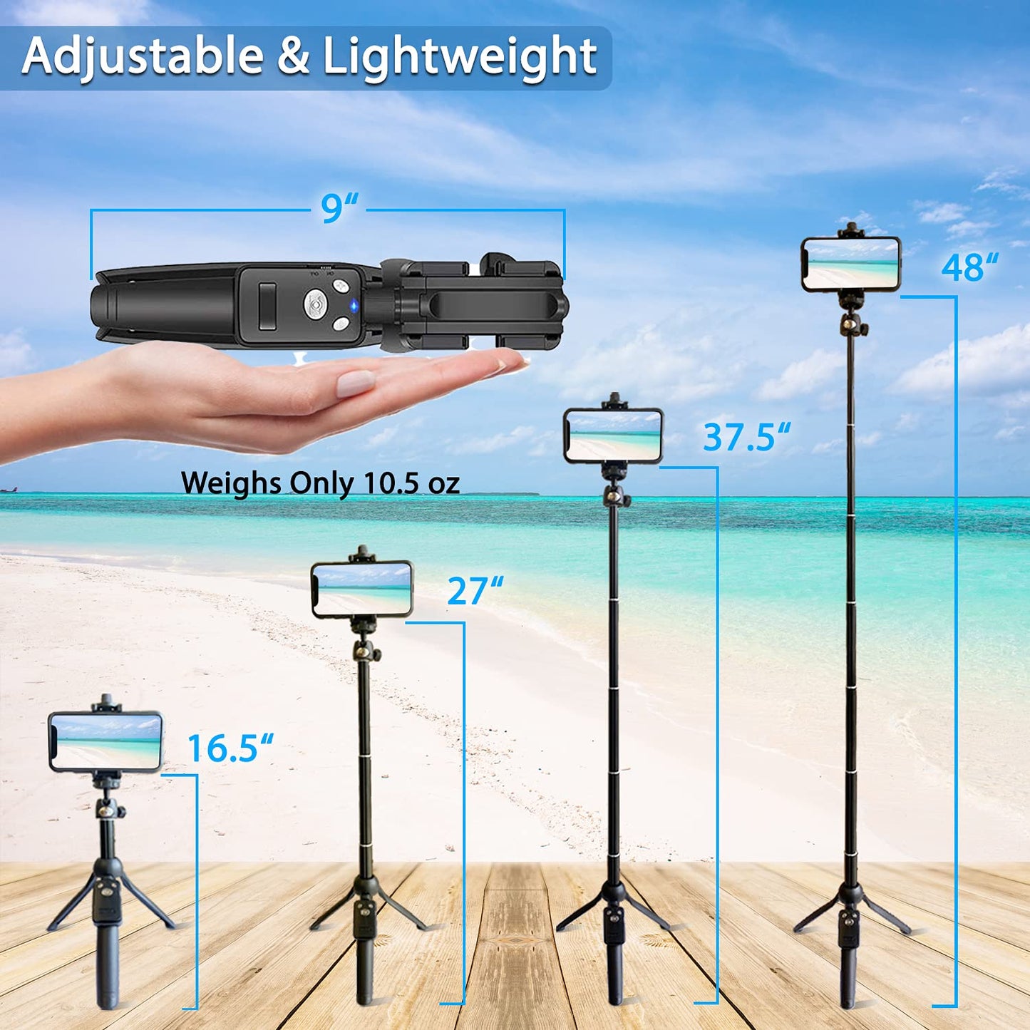 Fugetek 42" Compact Selfie Stick & Tripod, Extendable, Wireless Bluetooth Remote, Lightweight Aluminum, Travel Ready, Compatible with iPhone 14 13 12