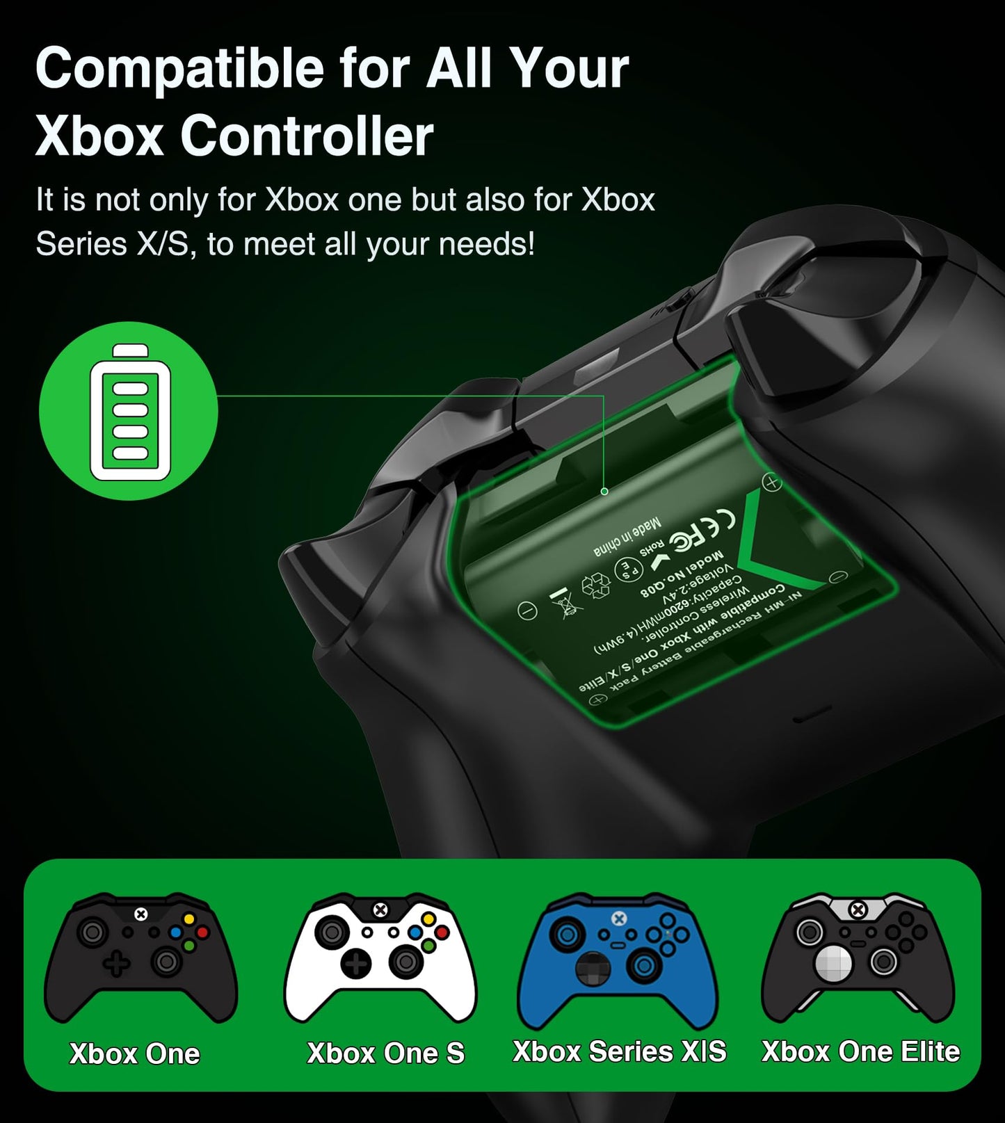 DXKK for Xbox Controller Battery Pack, 2x6200mWh Rechargeable Battery Pack for Xbox Series X|S/One/Elite Controllers - 30Hrs Playtime, Fast Charging