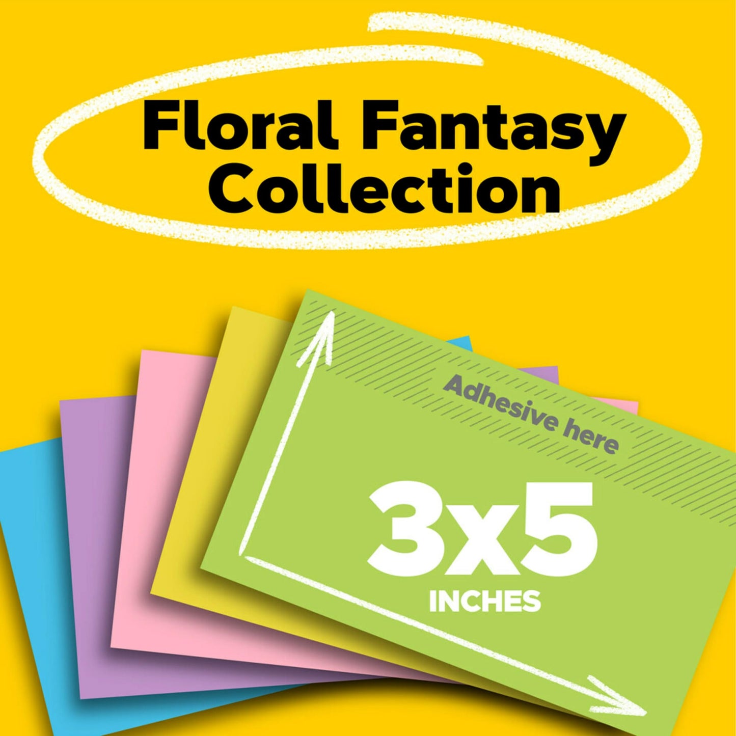 Post-it Notes, 3x5 in, 5 Pads, America's #1 Favorite Sticky Notes, Floral Fantasy Collection, Bold Colors (Green, Yellow, Orange, Purple, Blue), Clean