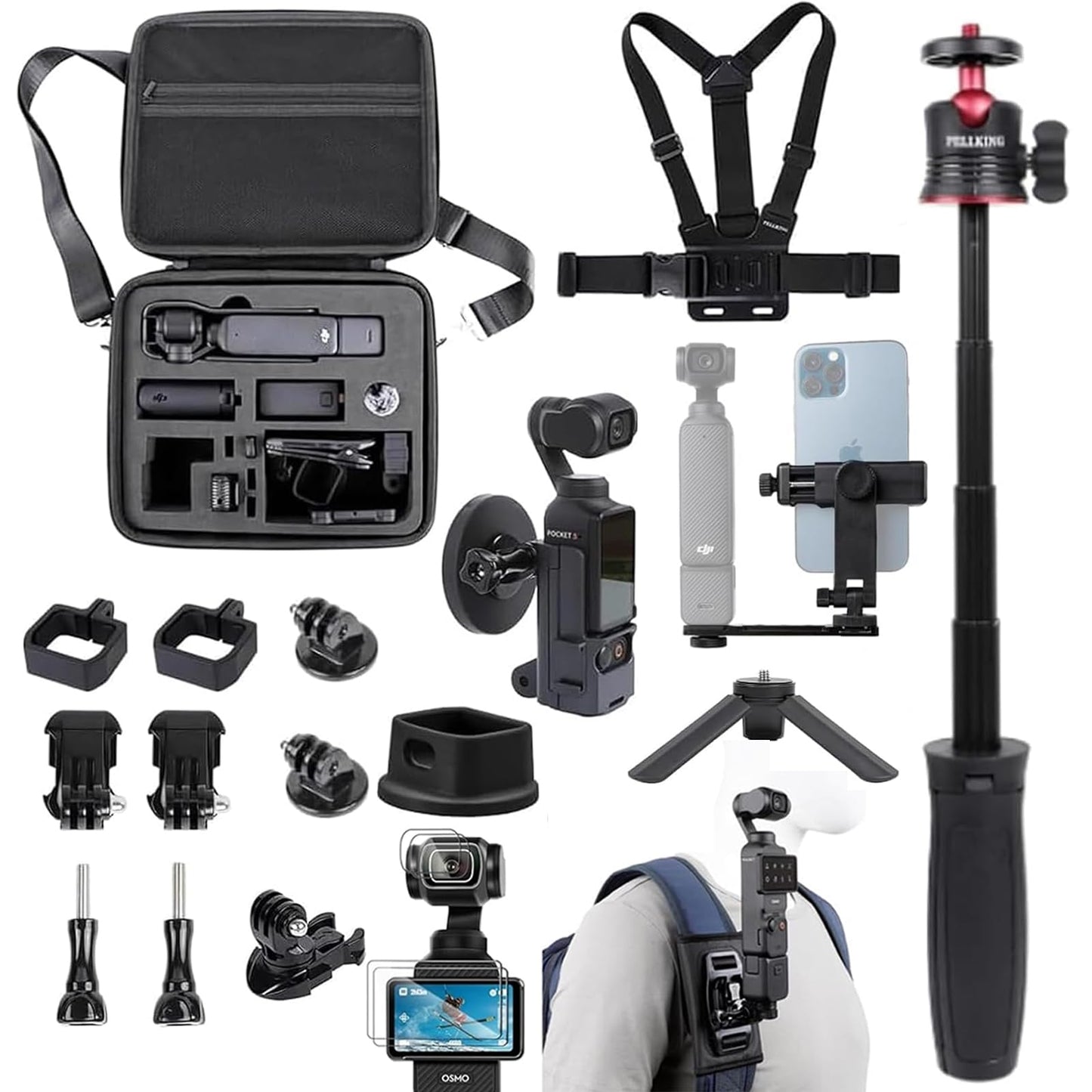 PellKing Accessories Kit for Osmo Pocket 3,Included Carrying Case,Magnetic Mount,Phone Monitor Holder,Selfie Stick,Mini Tripod,Desk Support
