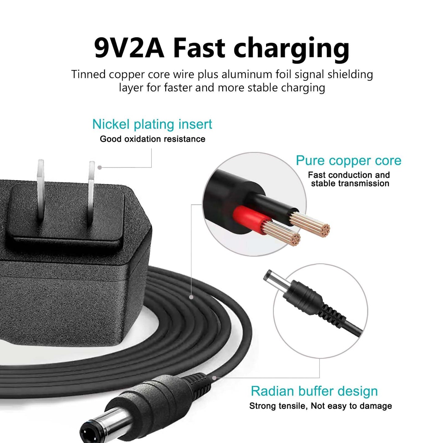 9V 2A AC Adapter with 6ft Cord and Advanced Safety Protections - Compatible with Routers, LED Strip Lights, Speakers & More | 100V-240V Input…