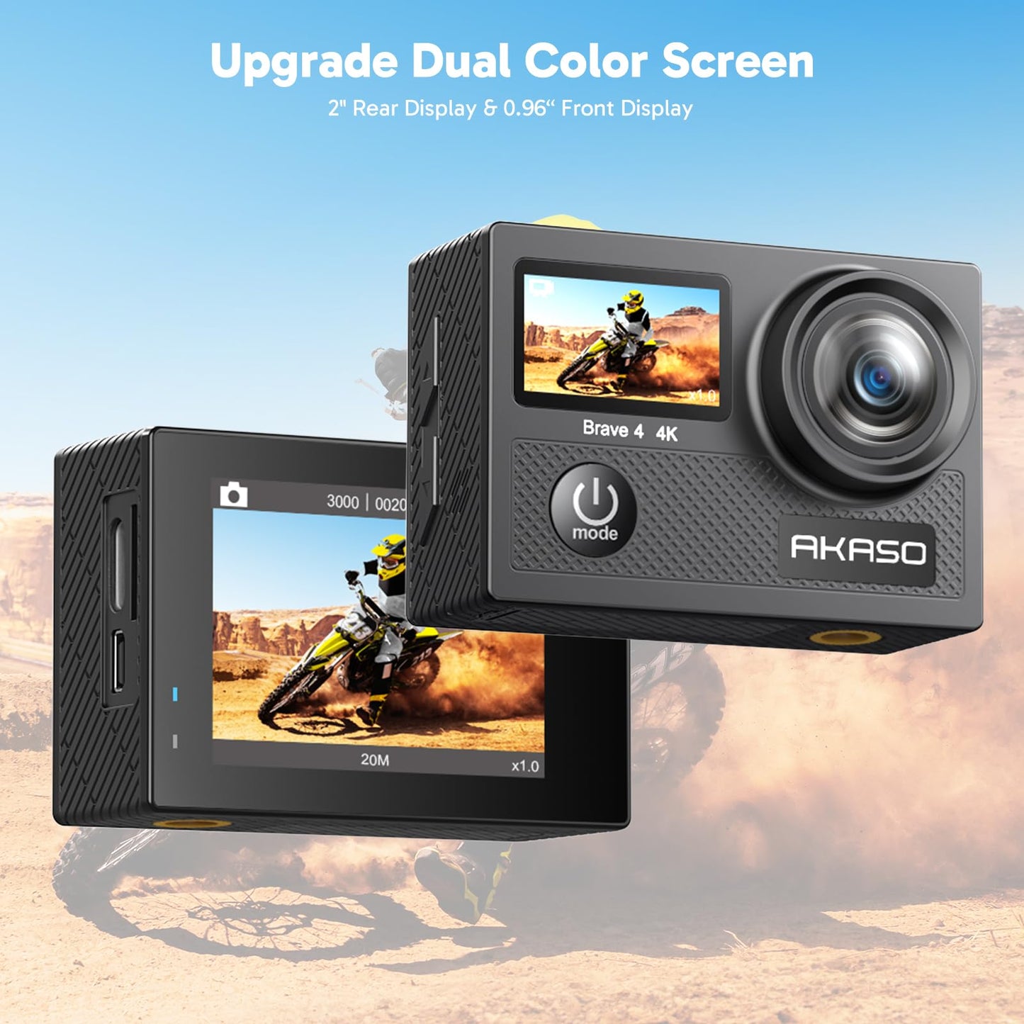 AKASO Brave 4 Action Camera with Waterproof Floating Hand Grip and Carry Bag Bundle - 4K30 20MP Ultra Hd EIS 131ft Underwater Camera 5xZoom Dual