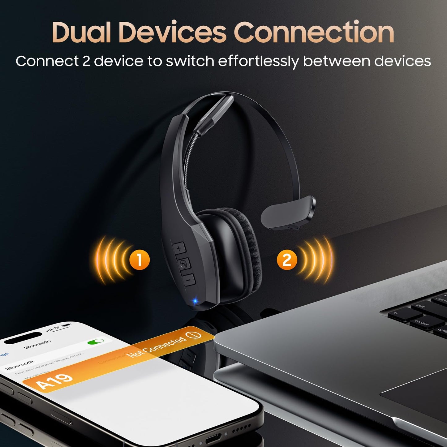 Trucker Bluetooth Headset, Wireless Headset with Mic, Bluetooth Headsets with Dual Noise Cancelling Microphone & Mute Button, 55Hrs Working Time PC