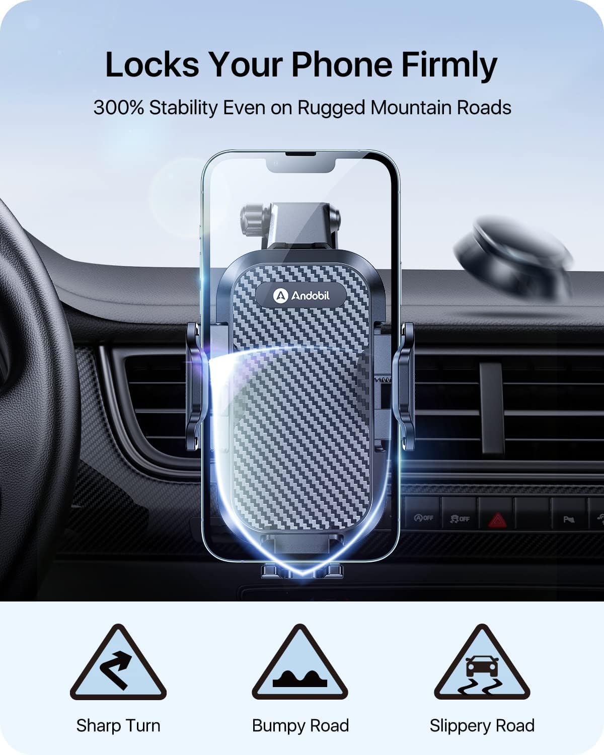 andobil Car Phone Holder, 2026 Military-Grade 89lbs Strongest Suction Phone Holders for Your Car Dashboard/Windshield/Vent Easy Clamp Car Phone Mount