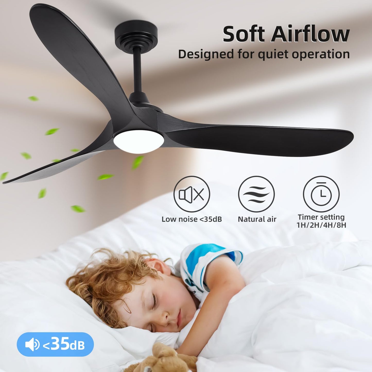 Homlit 60” Outdoor Ceiling Fan with Light 3 Downrods, Smart Wood Ceiling Fan Compatible with Alexa/Google/App, 3 Blades Modern Black Wood Ceiling Fans