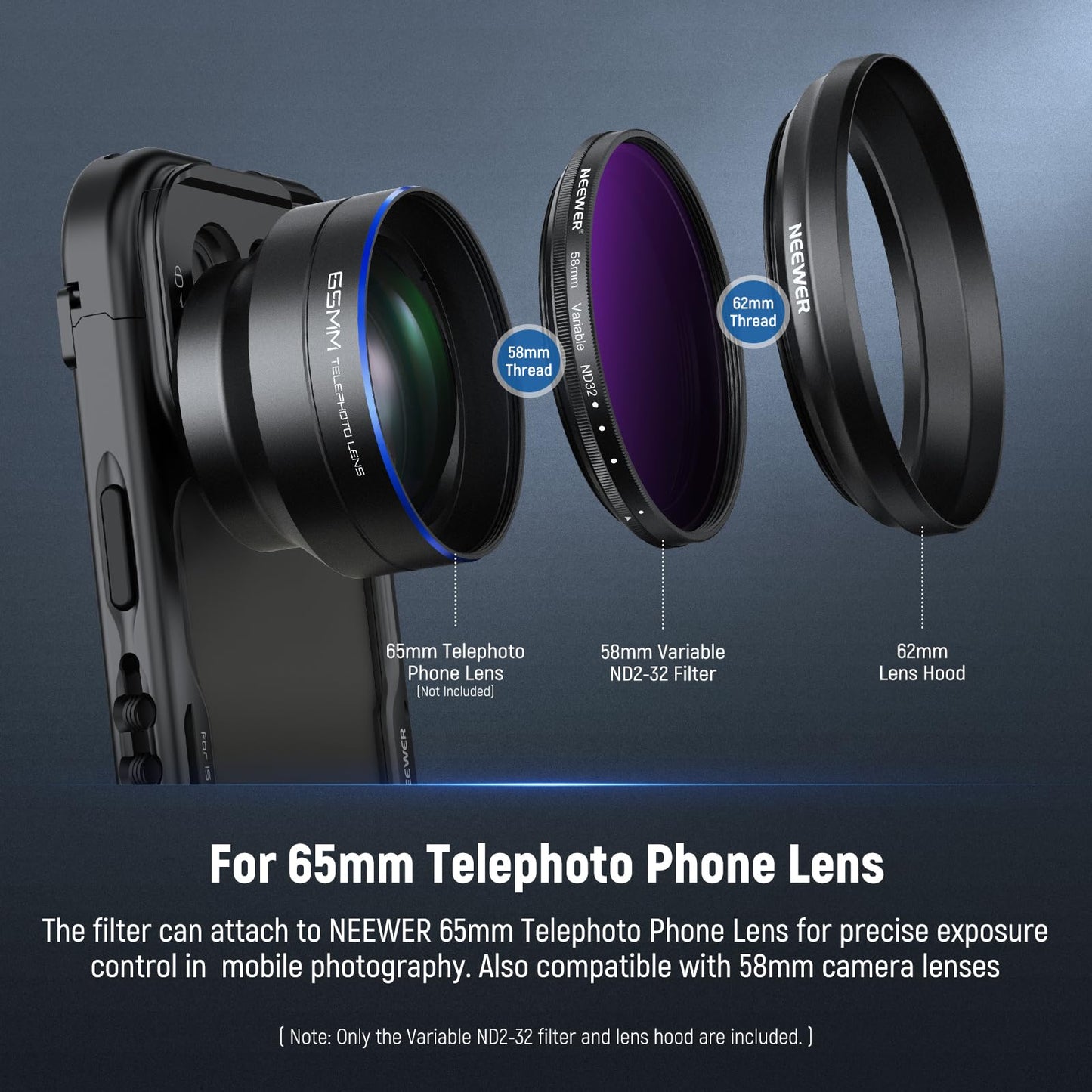 NEEWER 58mm Variable ND Filter with 62mm Lens Hood, ND2-32 Adjustable Neutral Density Filter Compatible with iPhone Android Samsung NEEWER 65mm