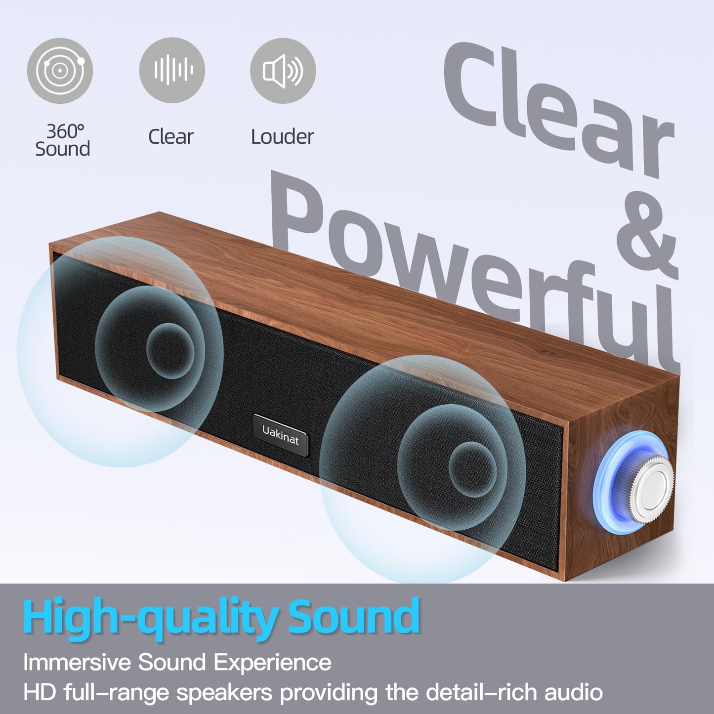 Uakinat Computer Speakers,Wooden Multimedia Digital Speaker,USB Powered 3.5mm AUX PC Speakers,Surround Sound Portable Computer Sound Bar Speaker