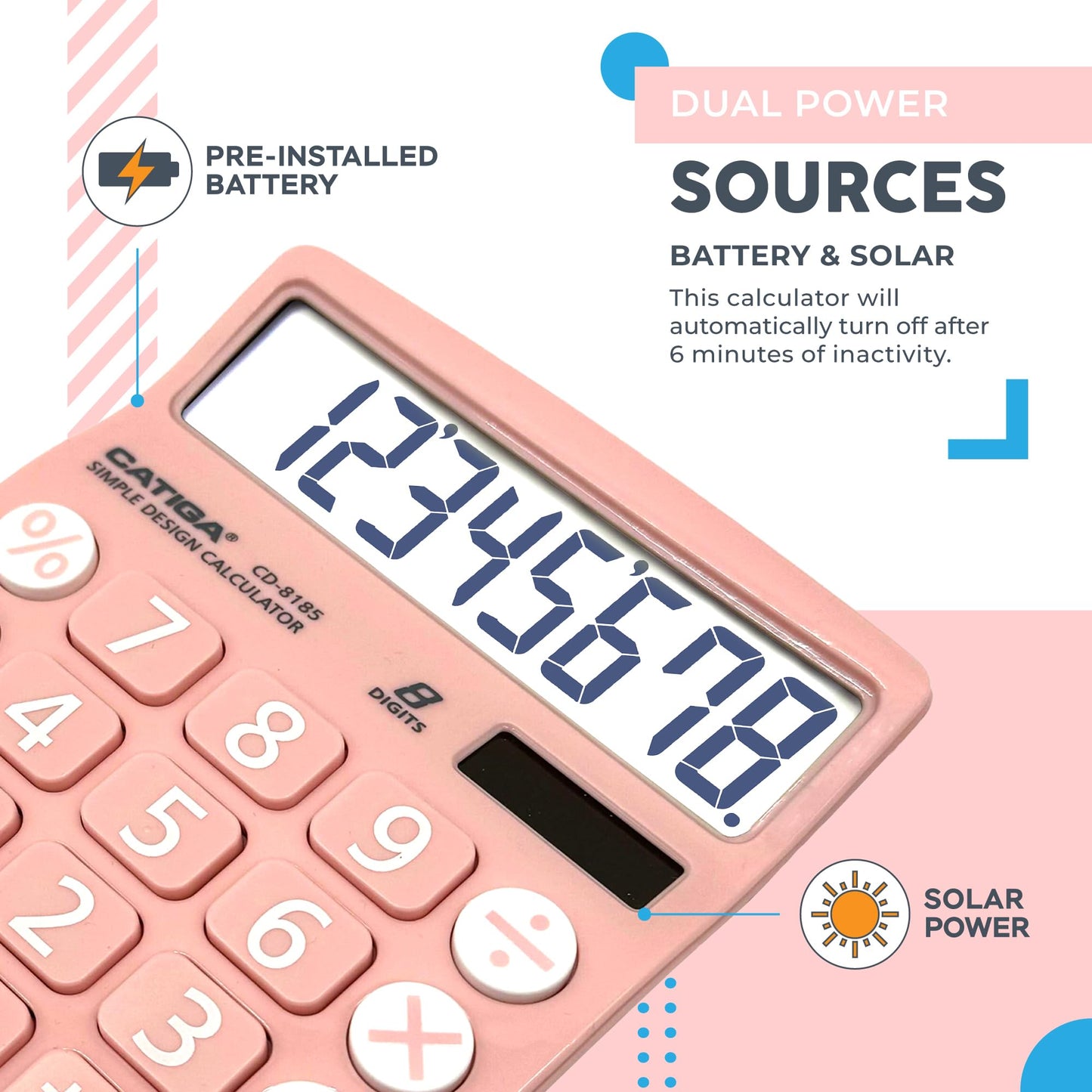 CATIGA Desktop Calculator 8 Digit with Solar Power and LCD Display, Big Buttons, for Home, Office, School, Class and Business, 4 Function Small Basic