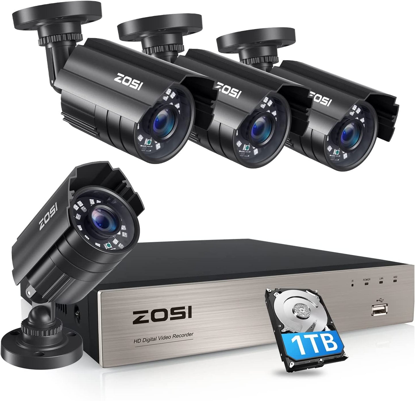 ZOSI 8CH Security Camera System HD-TVI Full 1080P Video DVR Recorder with 4X HD 1920TVL 1080P Indoor Outdoor CCTV Cameras 1TB Hard Drive, Smartphone