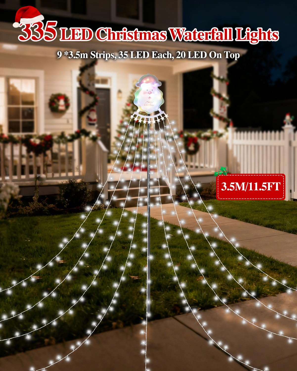 Christmas Waterfall Outdoor String Lights, Christmas Tree Lights with Topper 335 LED 11.48ft 9 Strands, 8 Lighting Modes Holiday New Year Decoration