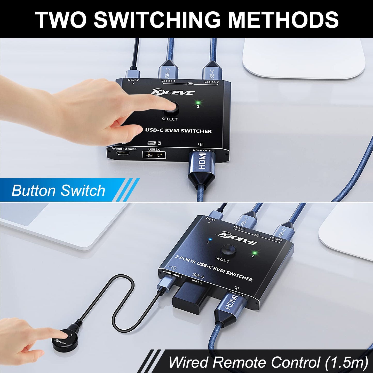 USB C KVM Switch 4K@60Hz,MLEEDA KVM Switch USB C for 2 Laptops Share Single HDMI Monitor and Keyboard Mouse,Compatible with Windows,Mac OS,Wired
