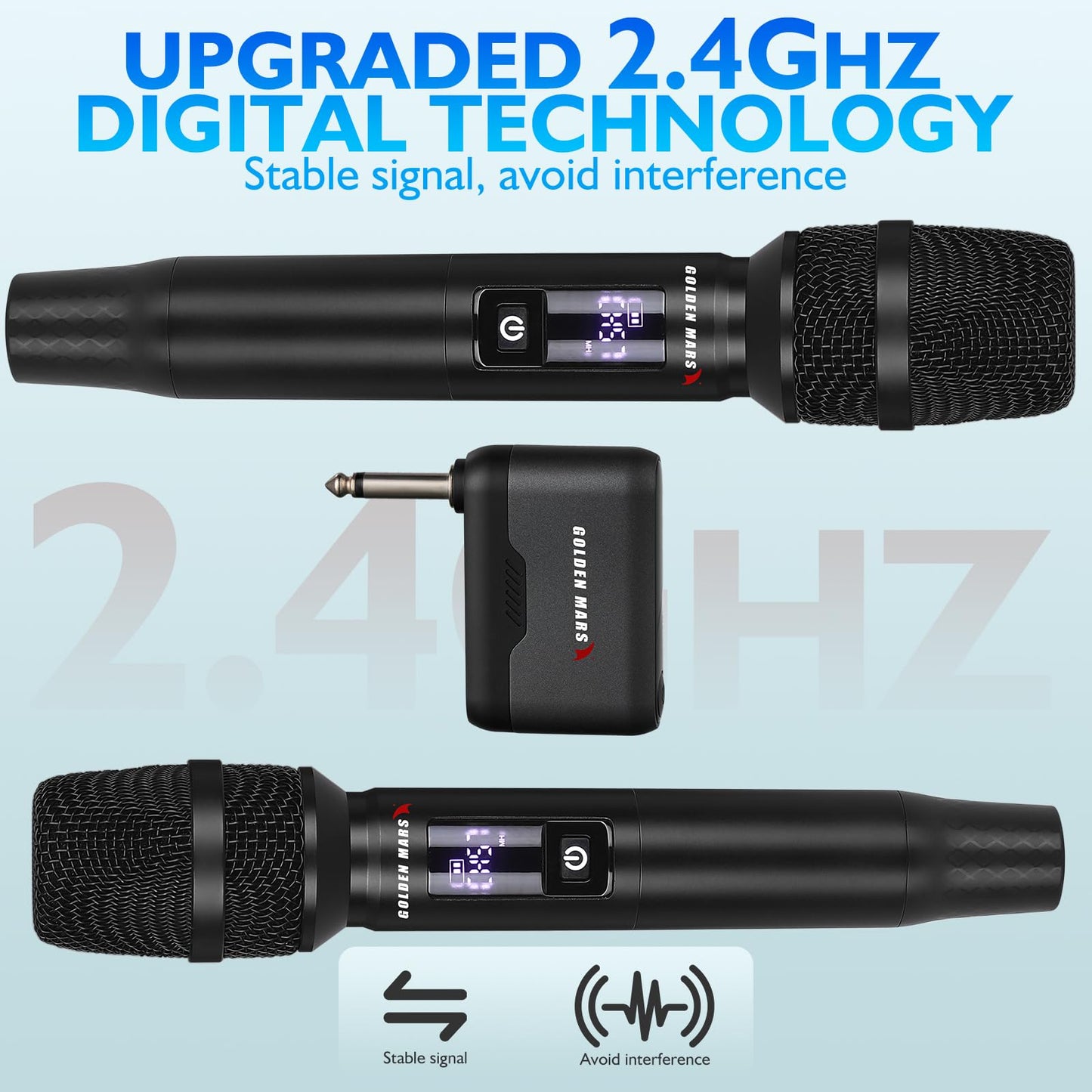 GOLDEN MARS Wireless Microphone, Upgraded 2.4GHz Rechargeable Professional 2 Pack Handheld Microphones with Stable Reception Up to 300 FT for Singing