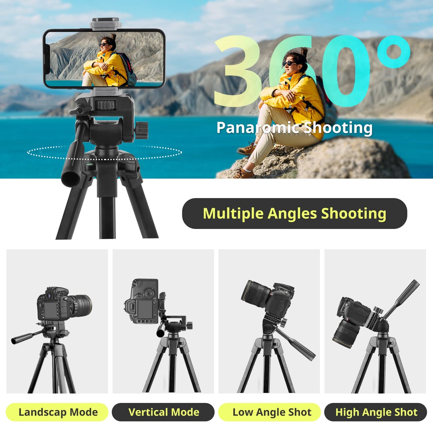 Sensyne 64" Camera Tripod Stand, Versatile Phone & iPad Tripod with Wireless Remote and 2-in-1 Phone Holder for Selfie/Video Recording/Photo/Live