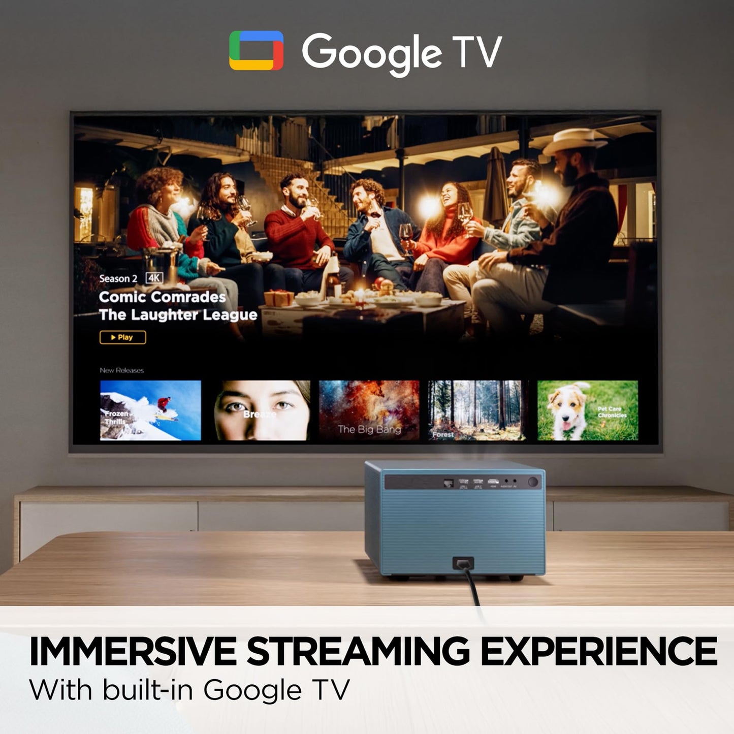 ViewSonic LX60HD 1080p LED Portable Projector with Built-in Google TV, H/V Keystone, Auto Focus, Bluetooth, and Wi-Fi for Smart Home Theater