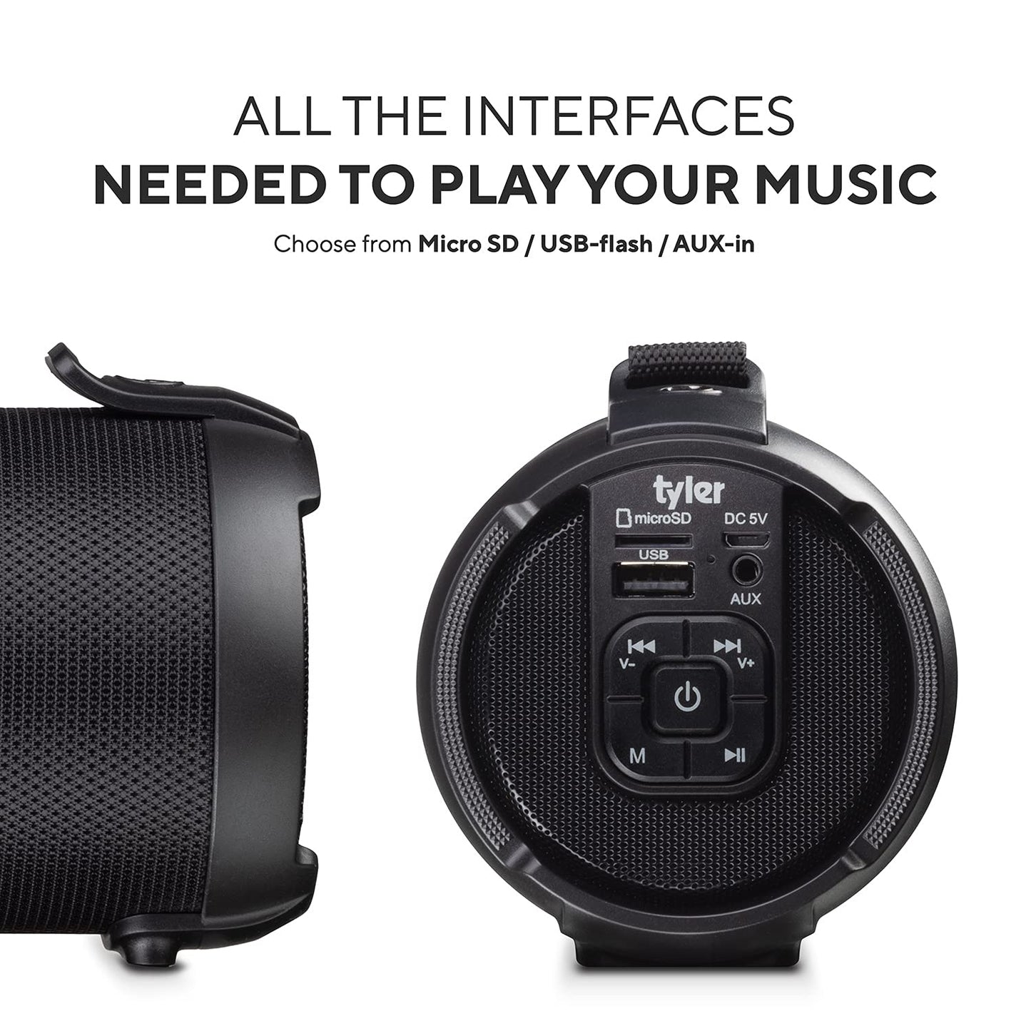 Tyler Wireless Bluetooth Speaker Water Resistant Long Range Rechargeable Boombox USB MP3 Micro SD AUX Inputs Fm Radio Sound & Bass Carry Strap