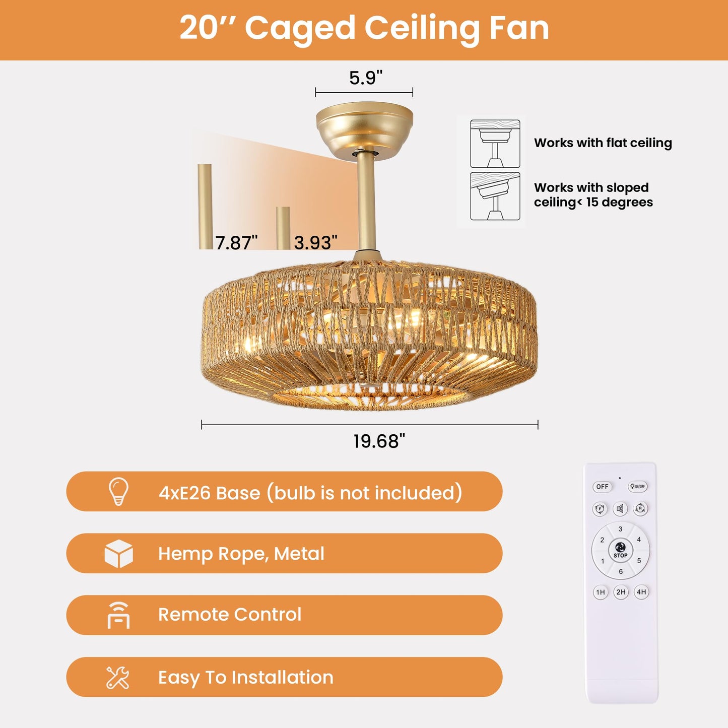 Boho Caged Rattan Fandelier Ceiling Fans with Lights and Remote Control