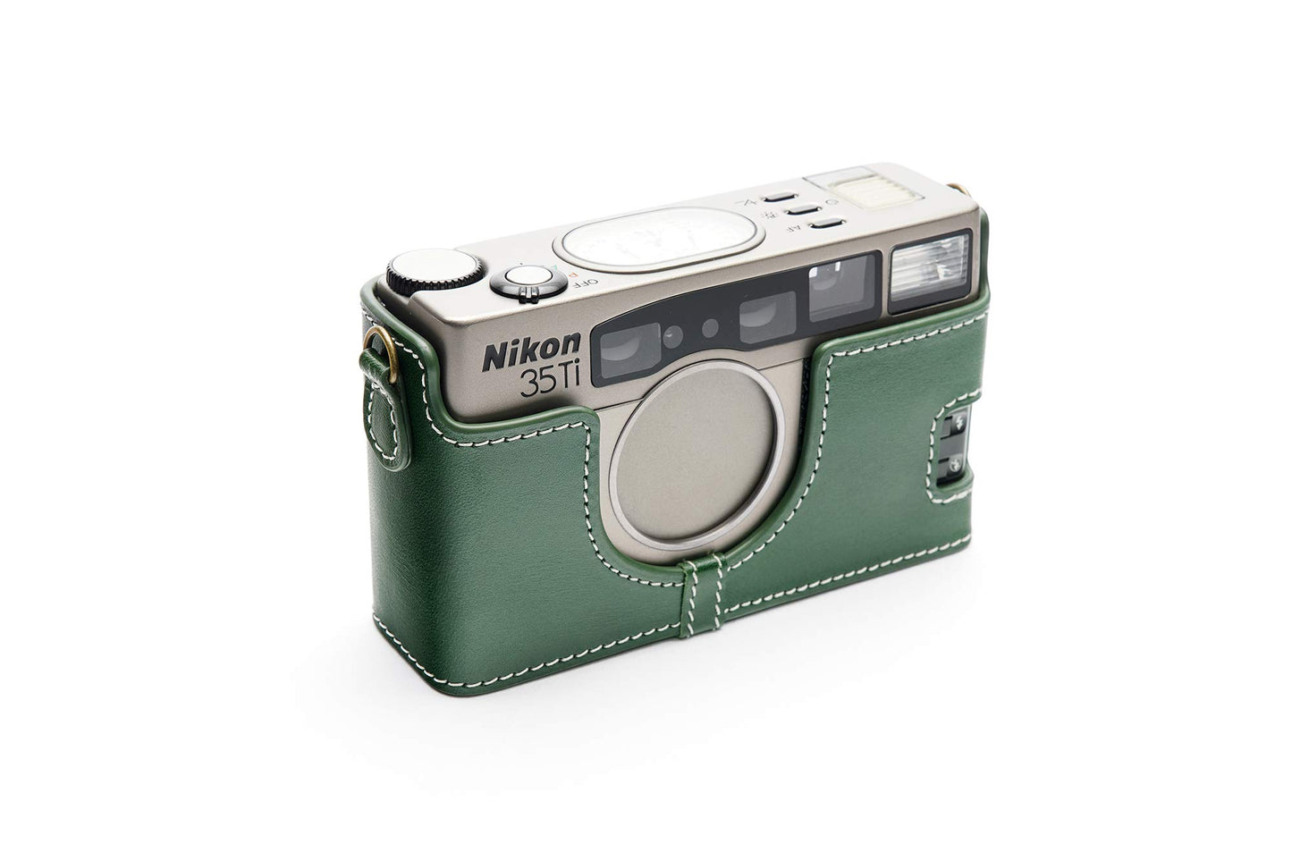 35Ti 28Ti Case, BolinUS Handmade Genuine Real Leather Half Camera Case Bag Cover for Nikon 35Ti 28Ti Camera with Hand Strap (Green)