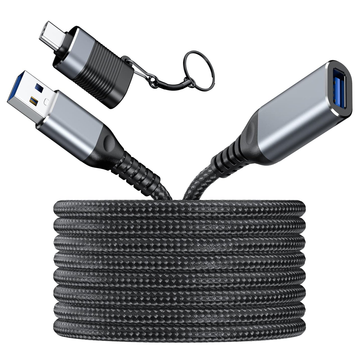ZIYUETEK 20 ft USB 3.0 Extension Cable with USB C Adapter, Nylon Braided, for Webcam, Camera, Phone, Mouse, Keyboard, Printer and More
