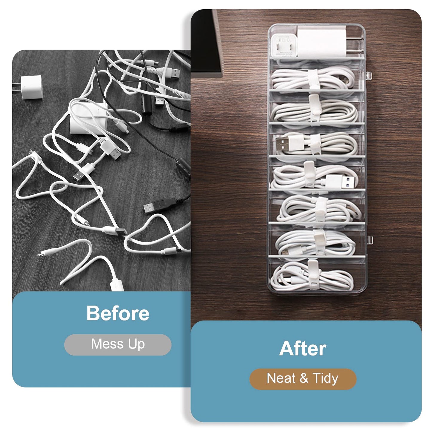 See-Through Cable Organizer Box Wire Management Case Data Cord Organizer Storage,8 Compartment Storage Boxes with 10 Wire Ties,Plastic Clear Lids