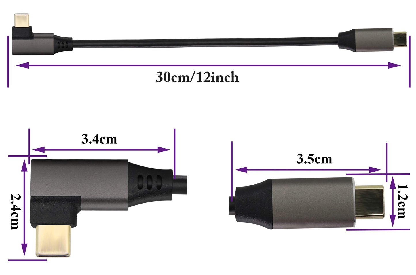 AAOTOKK 90 Degree USB 3.1 Type c to Type C Cable 60W&3A Right & Left Angled 3.1 USB Type C Male Extension Cable Supports Charging,Data,Audio,Video