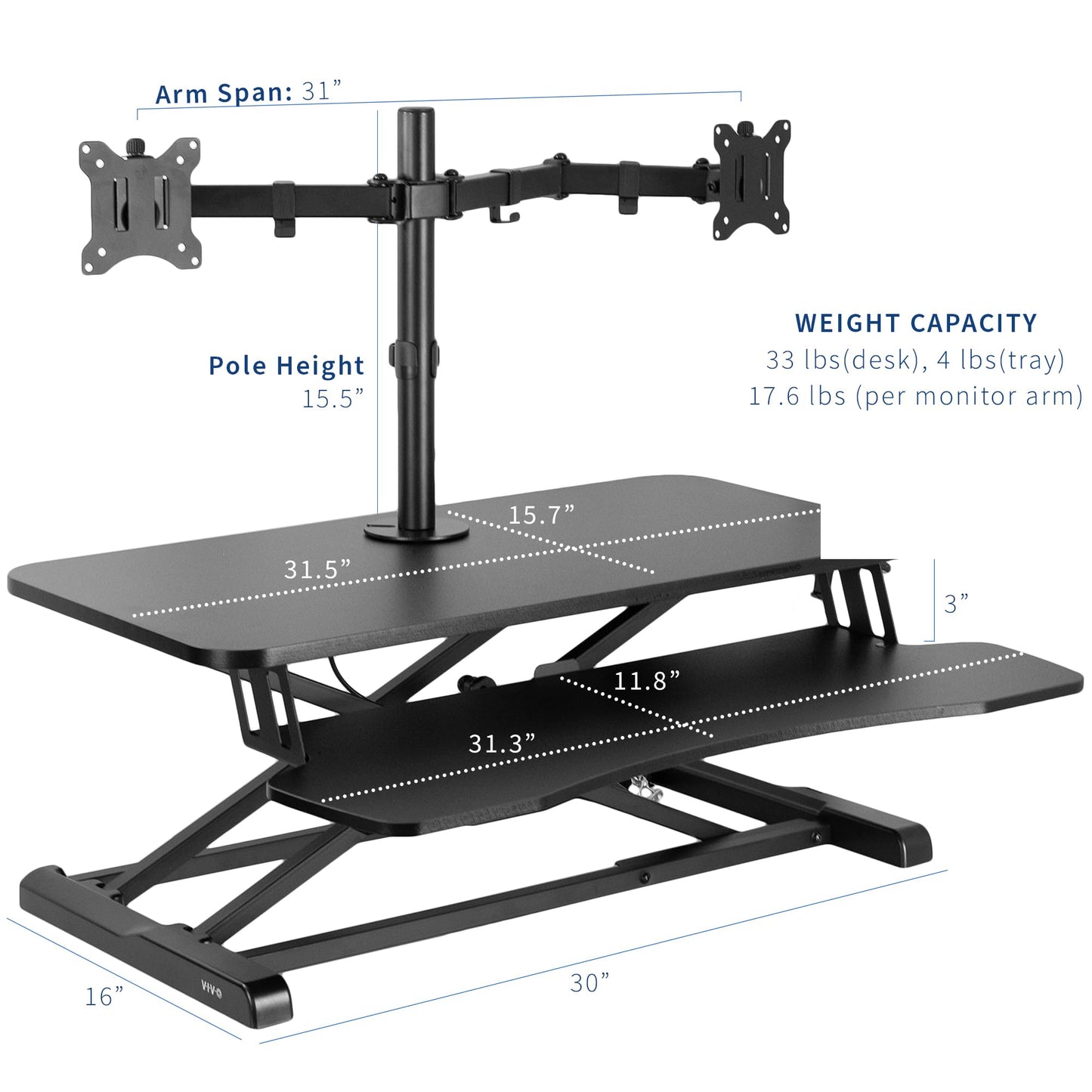 VIVO Height Adjustable 32 inch Standing Desk Converter with Dual 13 to 30 inch Monitor Stand, Sit Stand Monitor Mount and Desk Riser, Black