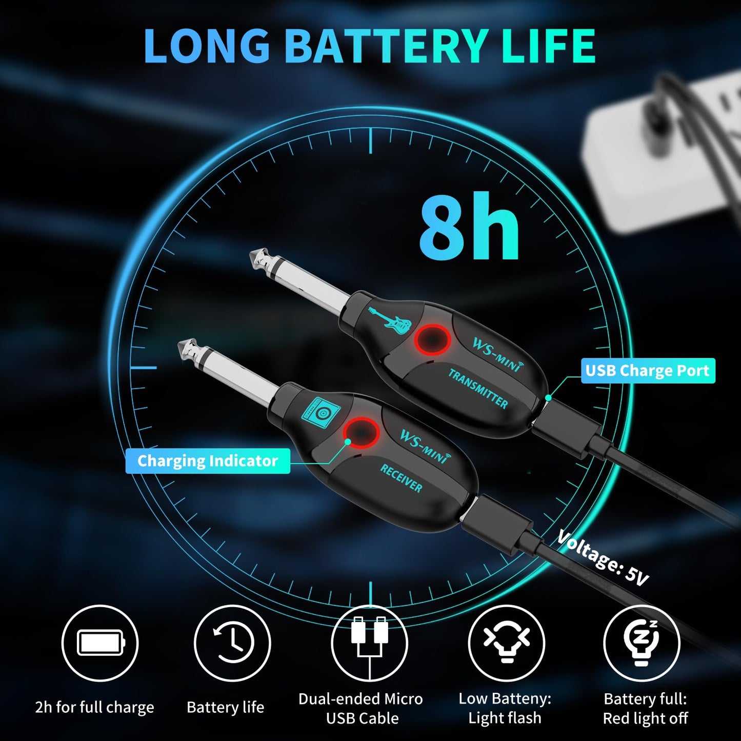 BEEONE 2.4GHz Wireless Guitar System with Rotating Head, Rechargeable Wireless Guitar Transmitter Receiver with 4 Channels, Guitar Wireless System for
