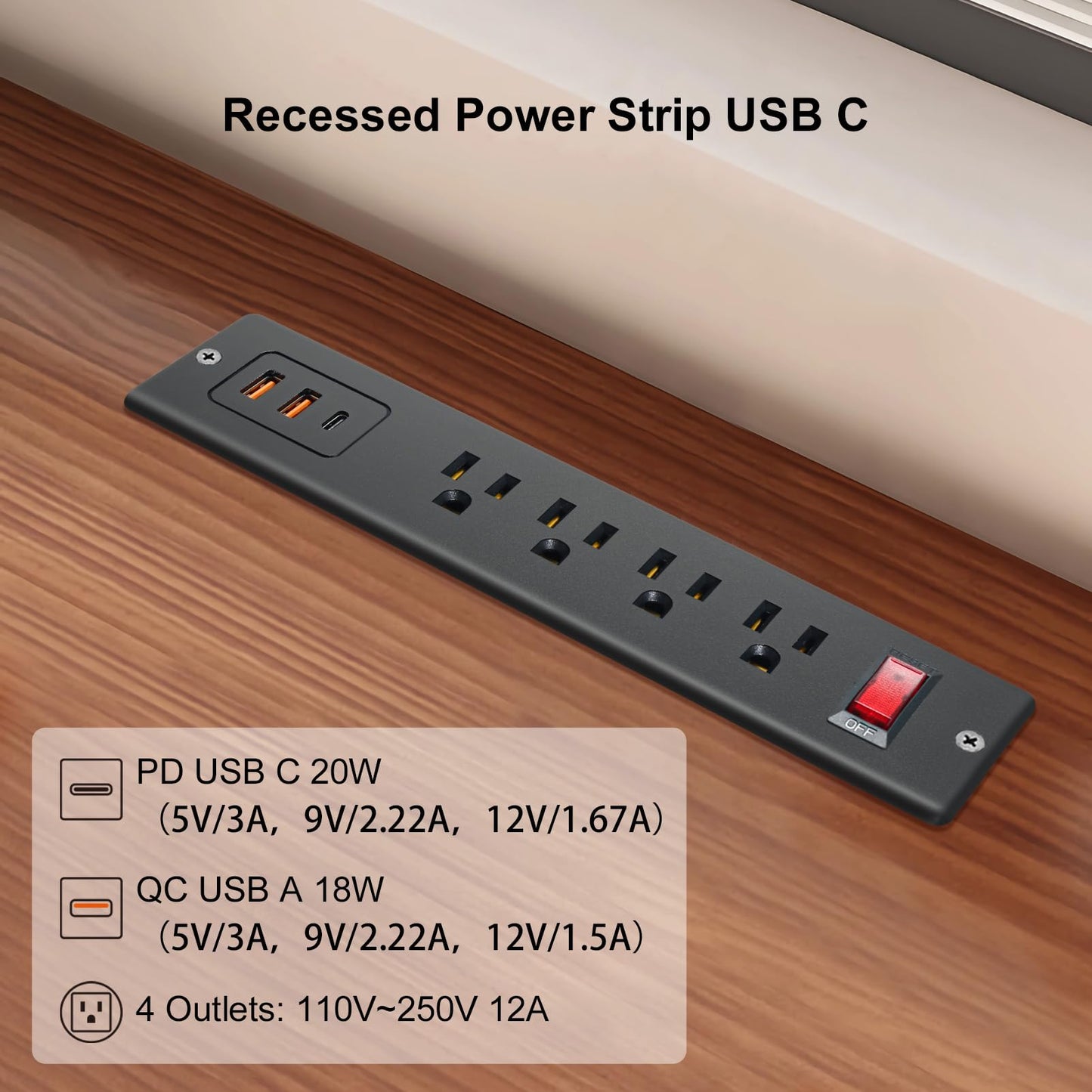 4 Outlets Recessed Power Strip with USB C 20W, Fast Charge Desktop Power Outlet Flush Mount Desk Extender 6.56 ft Extension Cord Plug in Furniture
