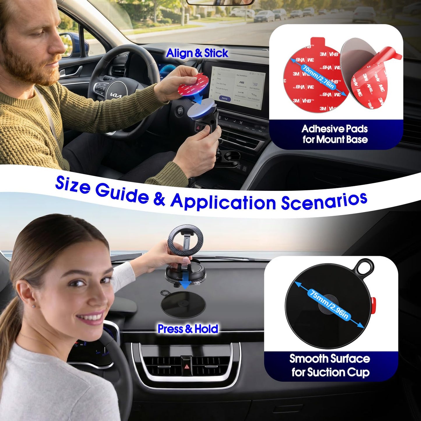 pop-tech Dashboard Adhesive Pad for Suction Cups: 75mm Car Dash Sticky Pad Mounting - Phone Holder Disk Replacement with 70mm Heat Resistant High Bond