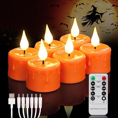 FREEPOWER Orange Halloween Candles,Rechargeable Flameless Candles with Remote Timer, Soft 3D Wick LED Tealights Candle, Rechargeable Candles