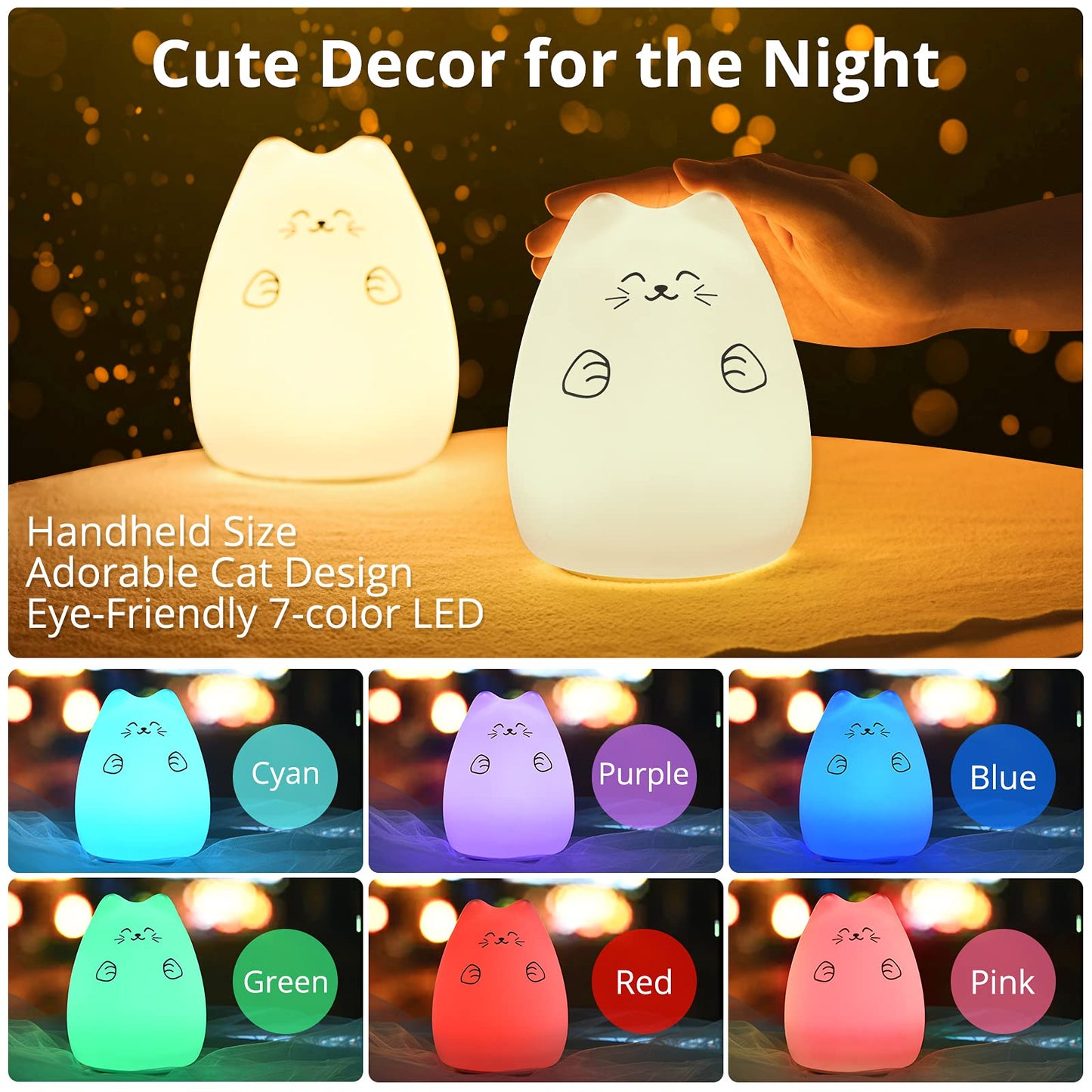 GoLine Cute Night Lights for Kids, Best Christmas Birthday Gifts for 3-12 Year Old Girls Teen, Cat Silicone Baby Night Light for Newborn, Remote