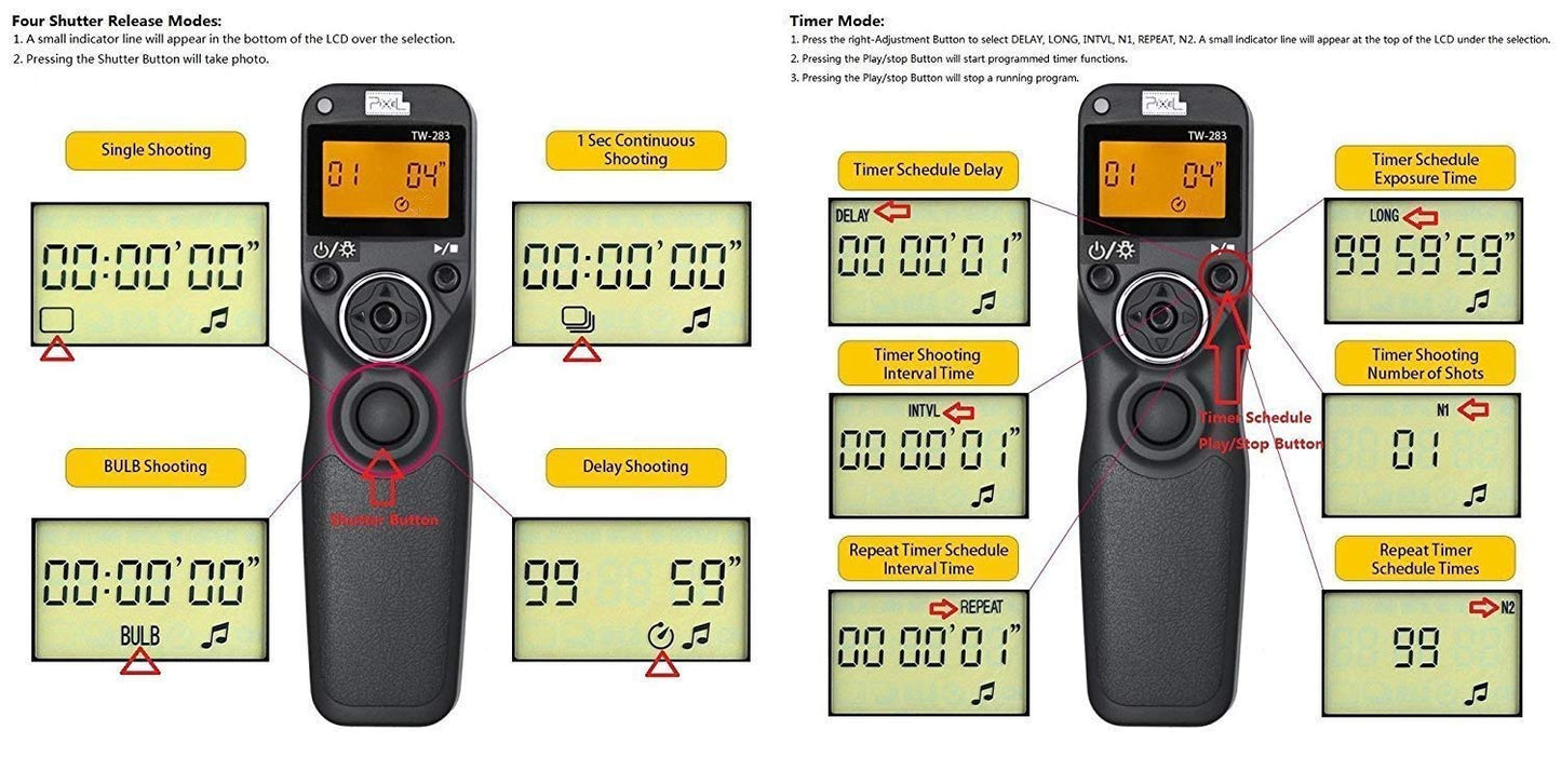 Pixel Timer Shutter Release TW283-N3 Wireless Remote Control for Canon 5D Mark III/ 5D Mark IV/ 5D 6D /7D Mark II/ 7D R5 R5C 50D 40D 30D D60 D30 1DX