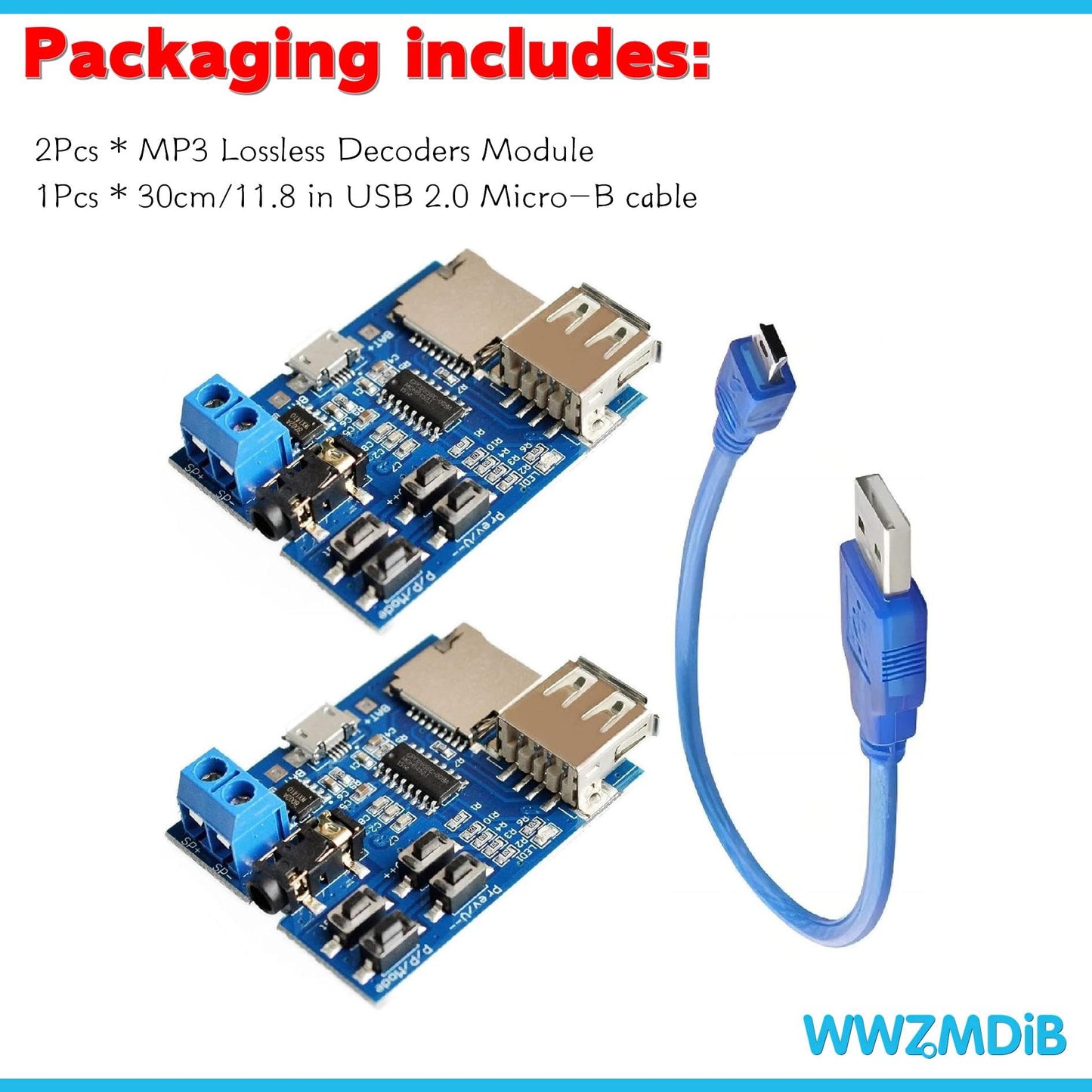 WWZMDiB 2Pcs MP3 Lossless Decoders Module with TF Card Micro USB 5V Power Supply Audio Amplifier