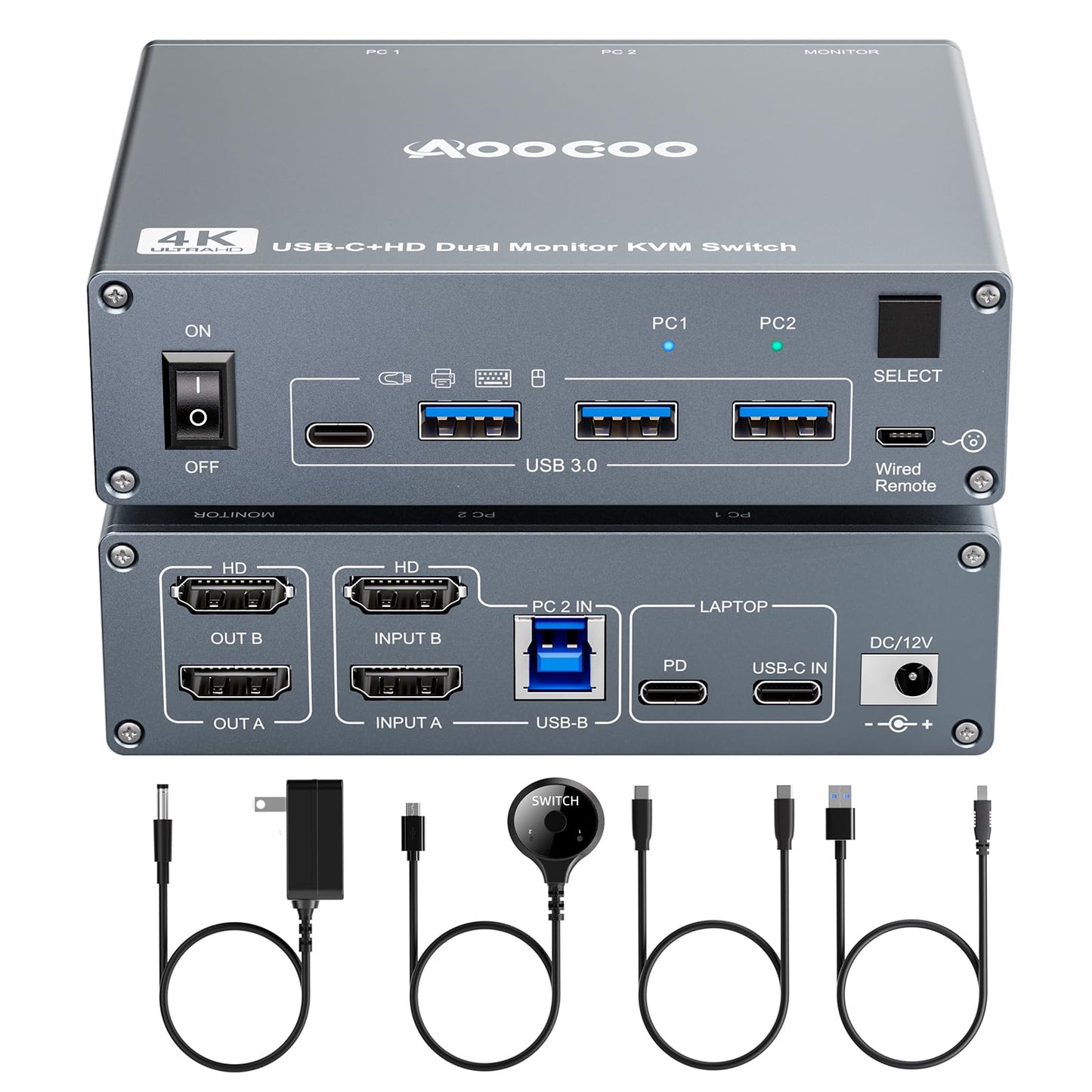 USB C KVM Switch 4K@60Hz,Dual Monitor USB C HDMI KVM Switch for 1 PC and 1 Laptop Sharing 2 Monitor and 4 USB3.0 Devices, PD Power for Laptop