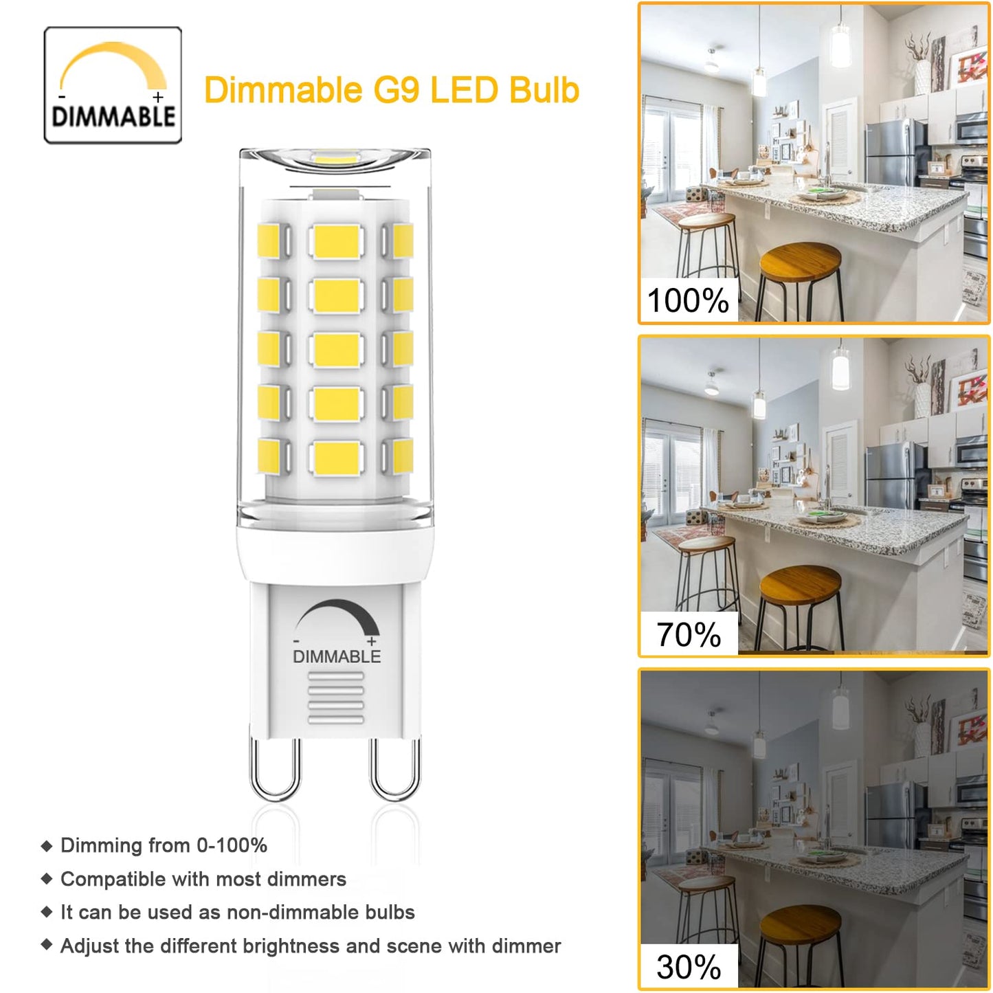YUIIP G9 LED Bulb Dimmable, 4W, 40W Halogen Equivalent, 5000K Daylight White, AC 120V G9 Bi Pin Base Light Bulbs, 380LM, No Flicker, 360° Beam Angle